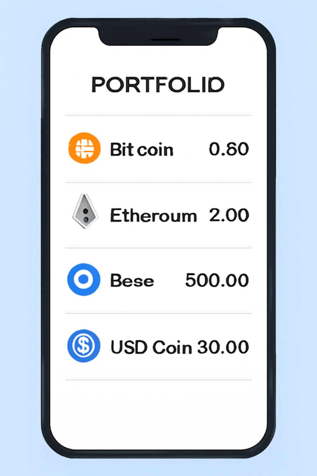 A mobile device showing a portfolio page with the new Base token listed among other assets, clear balances displayed.