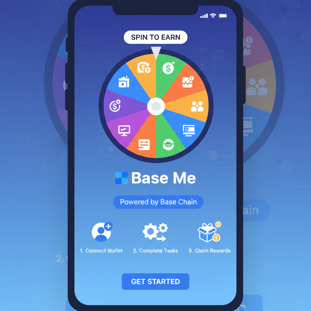 mobile screen showing Base Me app landing page, spin wheel prominent, Base chain branding, vibrant colors