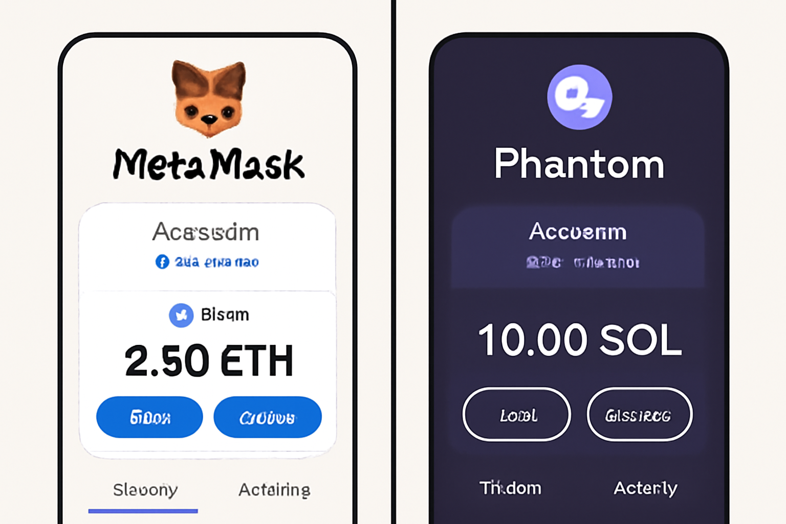 A split-screen showing MetaMask wallet with ETH on Base network and Phantom wallet with SOL on Solana, both open and ready.