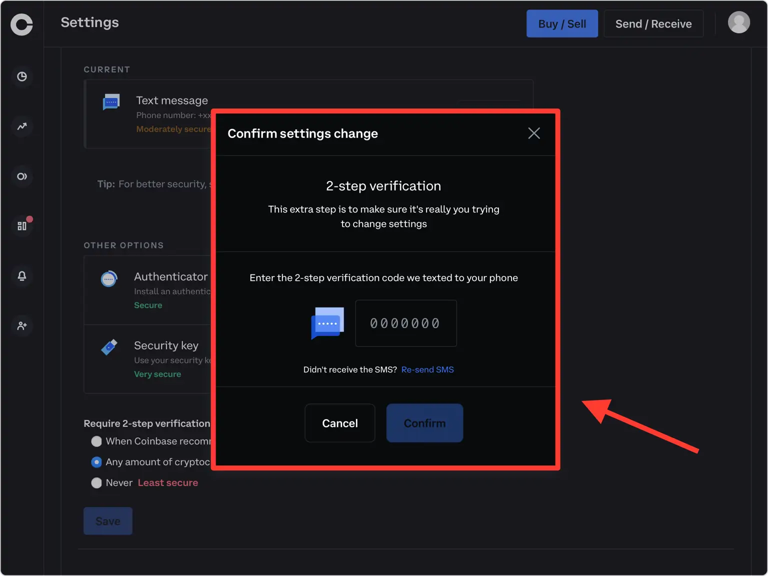 Coinbase app security settings or 2FA setup