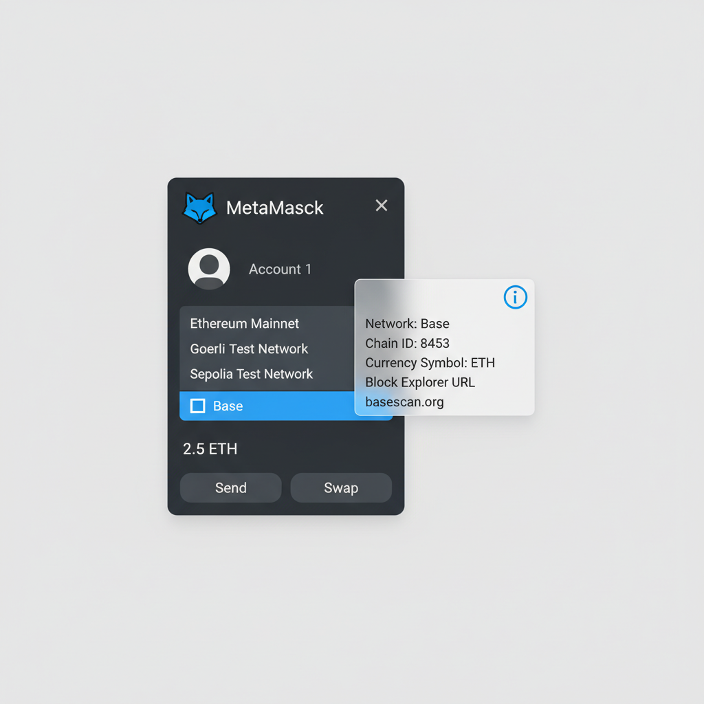 MetaMask wallet interface with Base network selected in dropdown, network info panel open