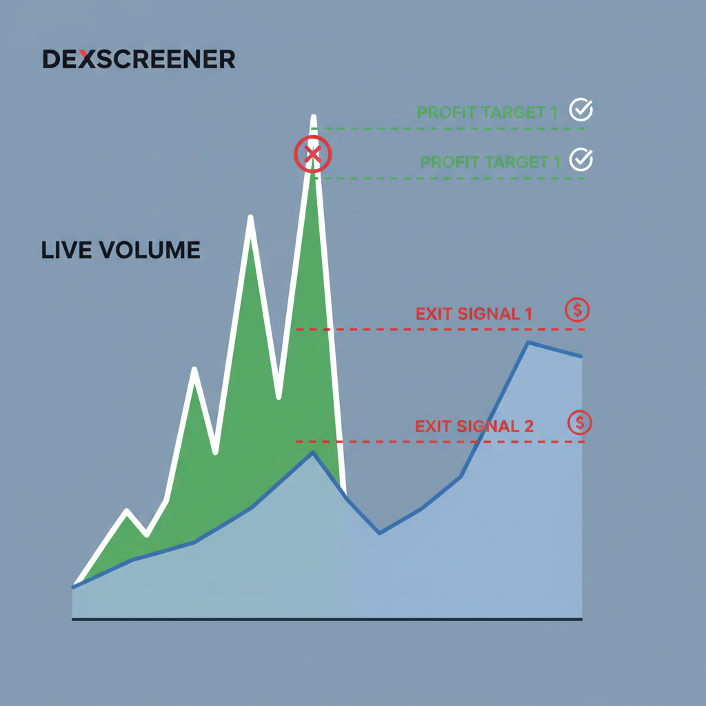 Live volume chart spiking on Dexscreener with exit signals and profit targets marked