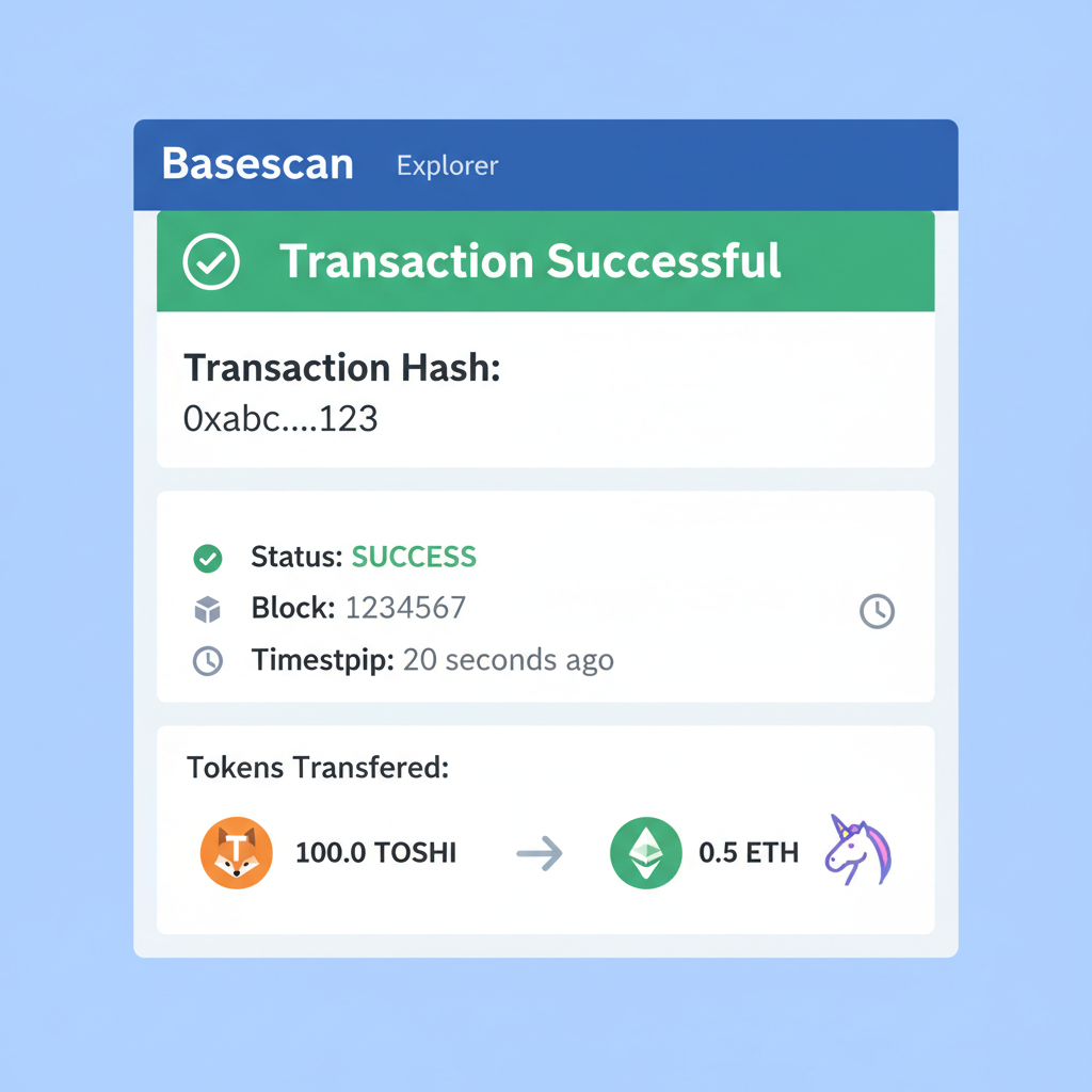Basescan explorer showing successful TOSHI swap transaction
