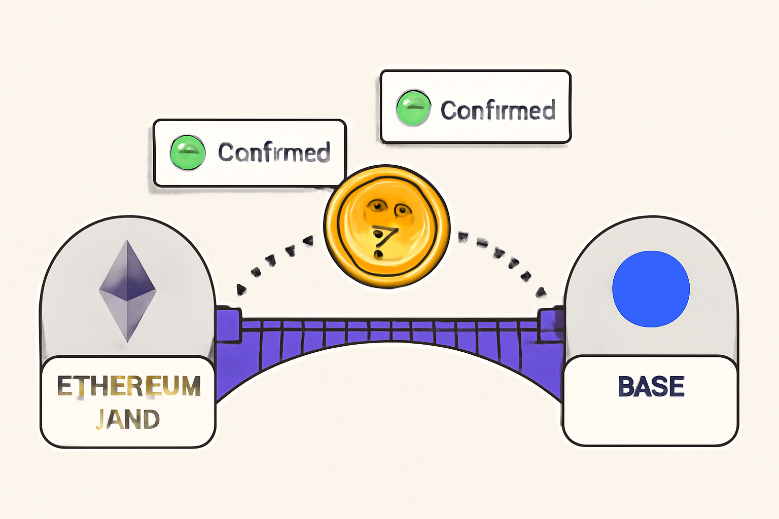 A dog token floating across a digital bridge from Ethereum/BNB to Base, with transaction confirmation pop-ups.