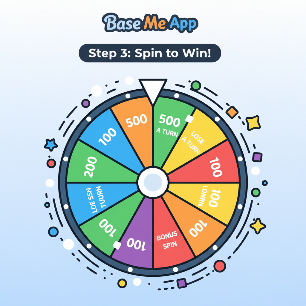 dynamic spin wheel in Base Me app, colorful segments, points flying out, mobile game style