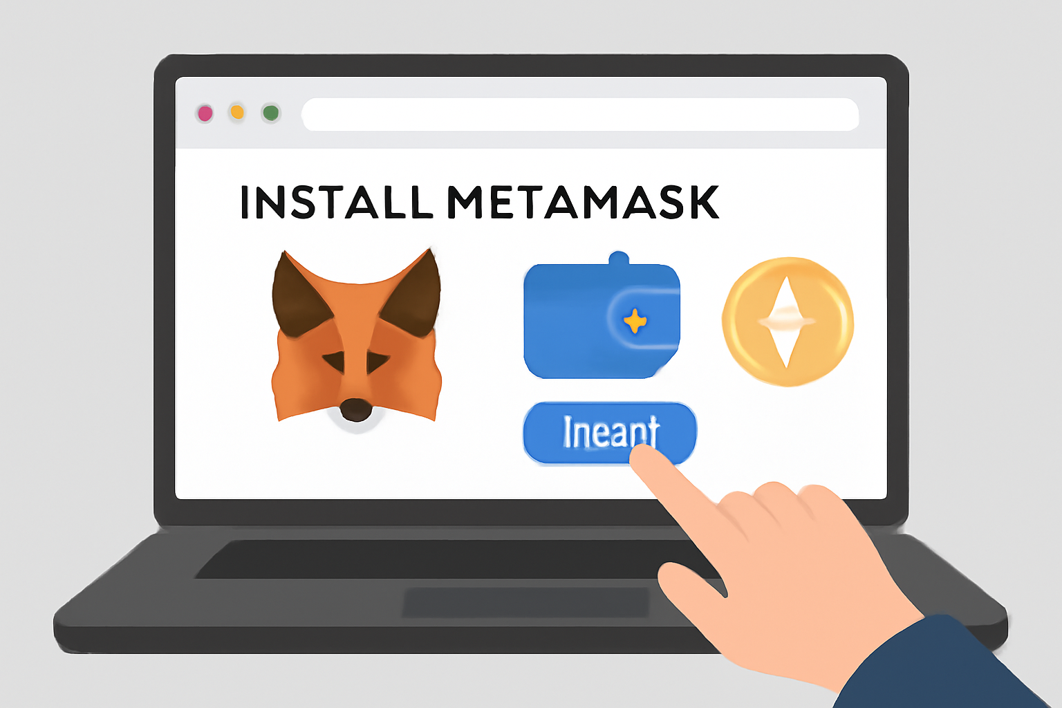A user installing MetaMask wallet extension on their laptop browser, with a secure and modern interface, digital wallet icons visible.