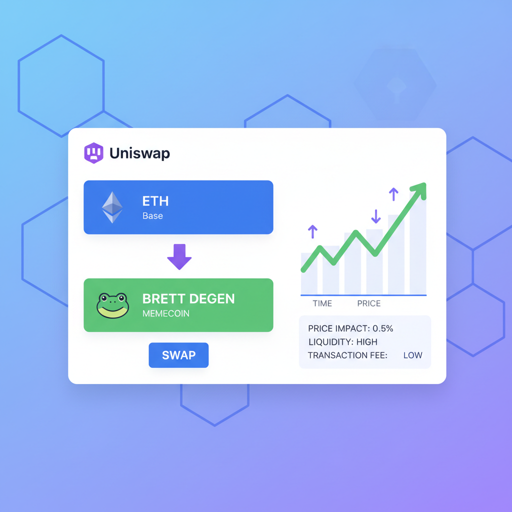 Uniswap DEX on Base swapping ETH for BRETT DEGEN memecoins, chart pumping