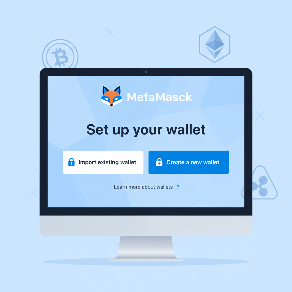 MetaMask wallet setup screen with fox logo, clean UI, dark mode