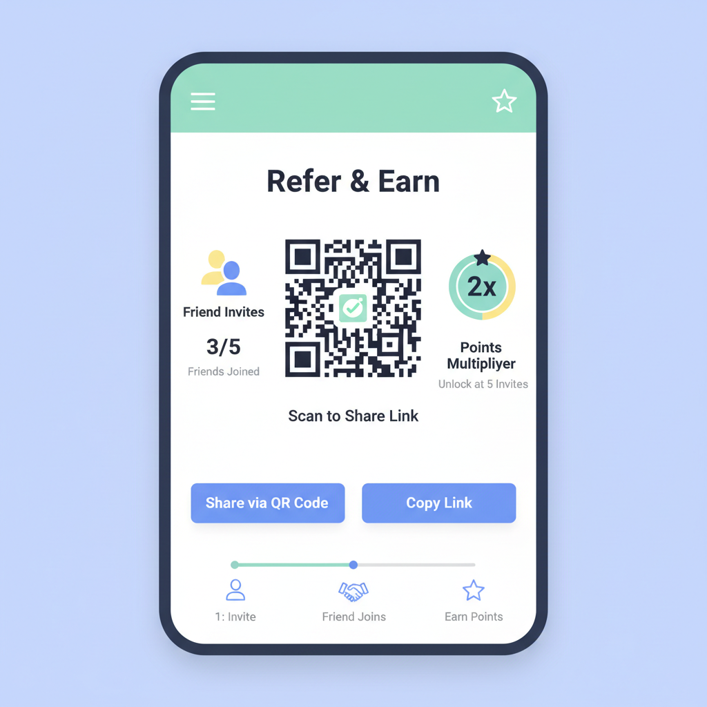 referral screen in app, share link QR code, friend invites, points multiplier badges