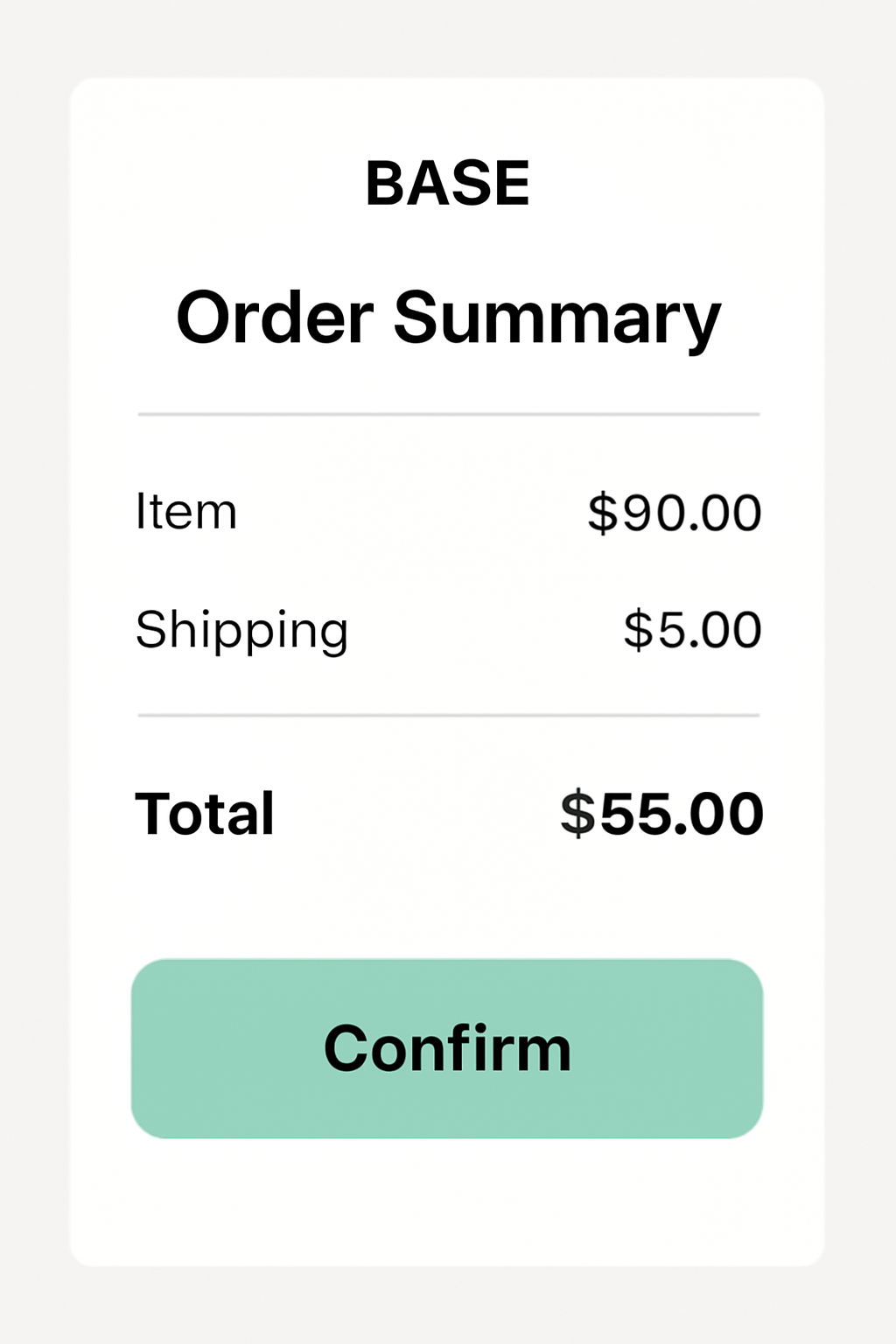 A confirmation screen in the Base App showing order summary and a highlighted 'Confirm' button.