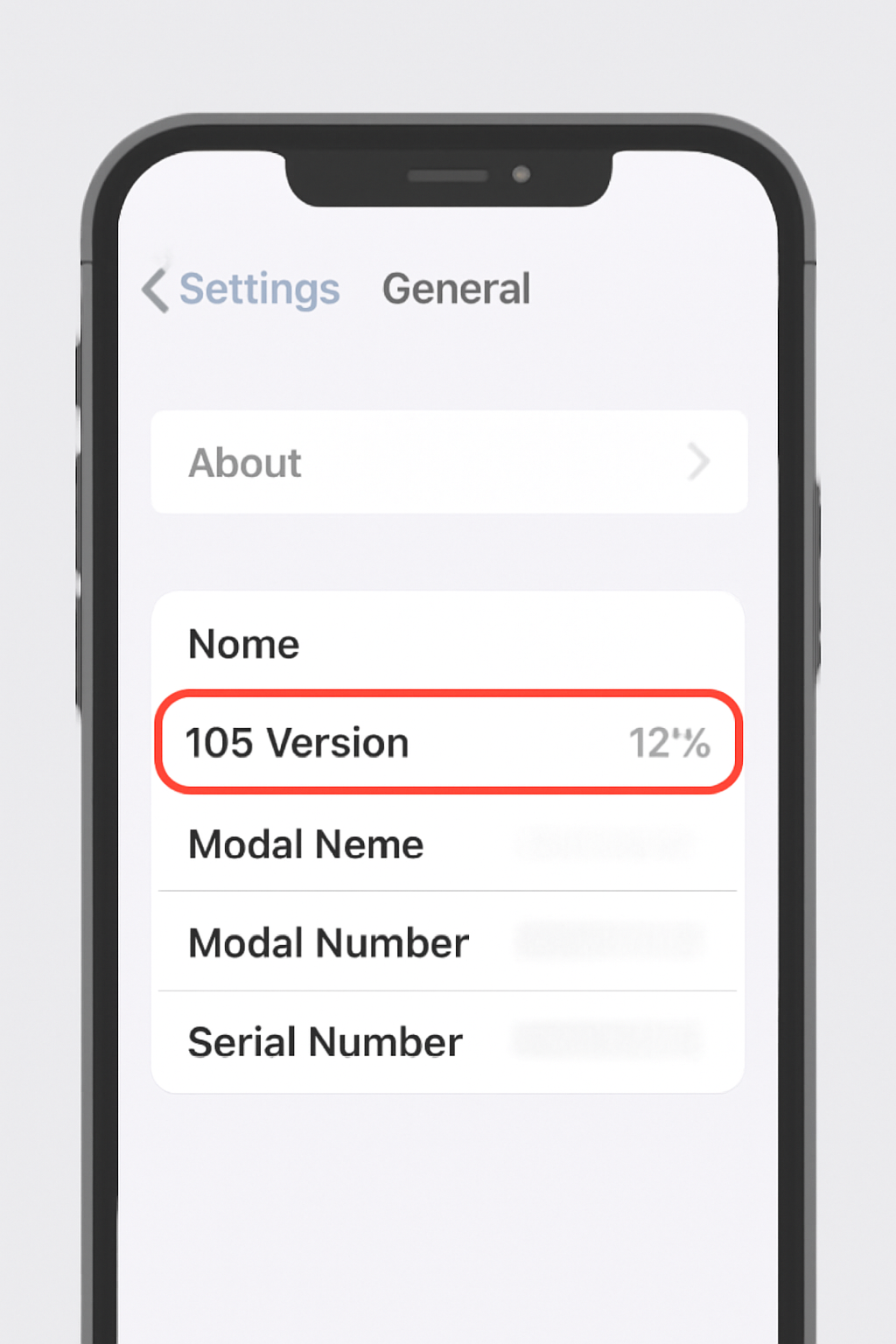 An iPhone screen showing Settings > General > About, highlighting the iOS version number.