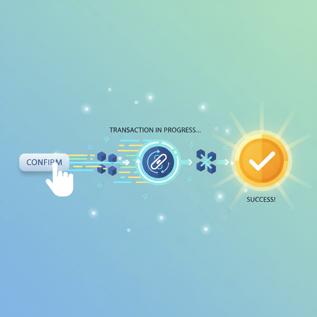Confirm button pressed, transaction animating across chains, speed lines and success glow