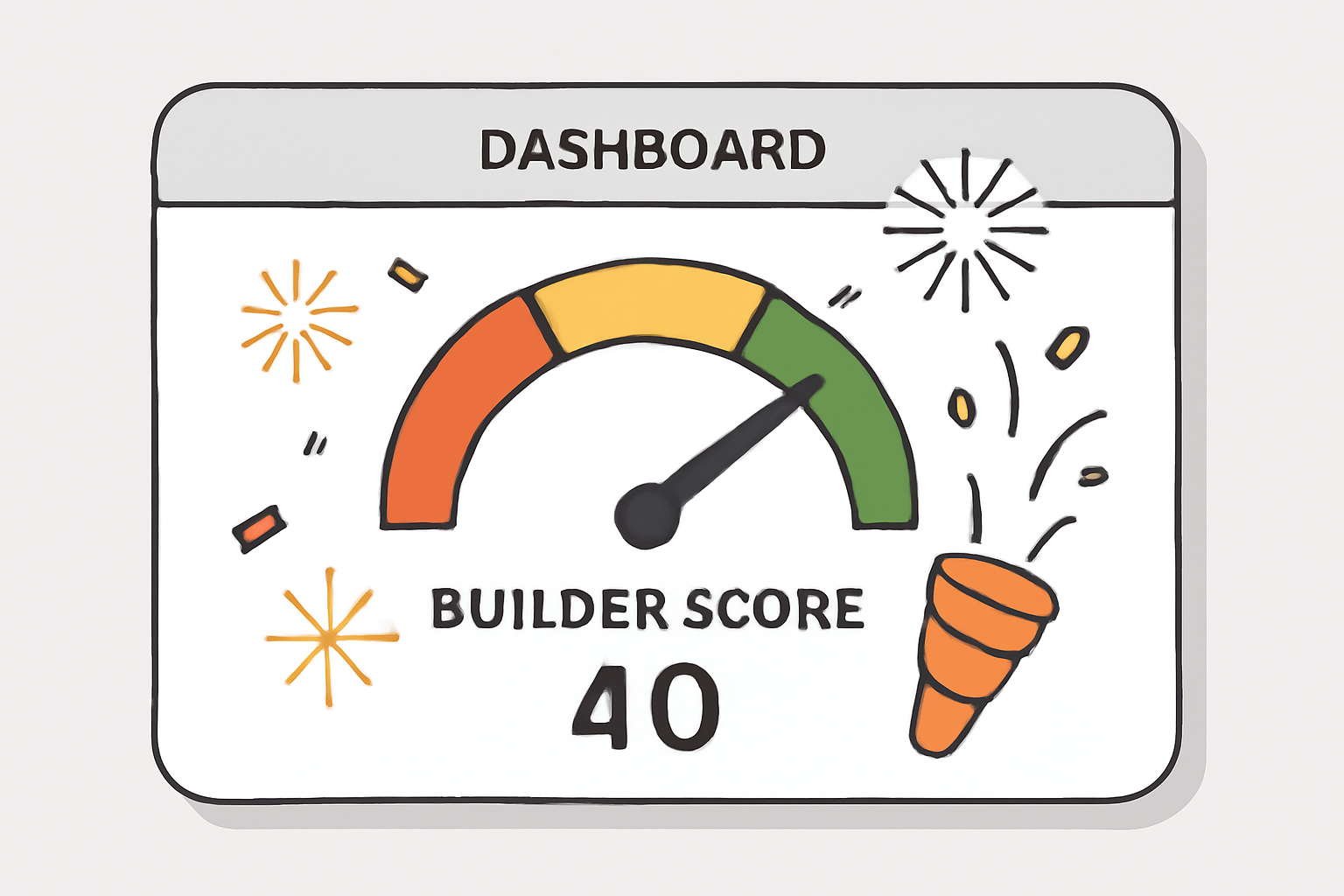 A digital dashboard showing a Builder Score meter reaching above 40, with celebratory graphics