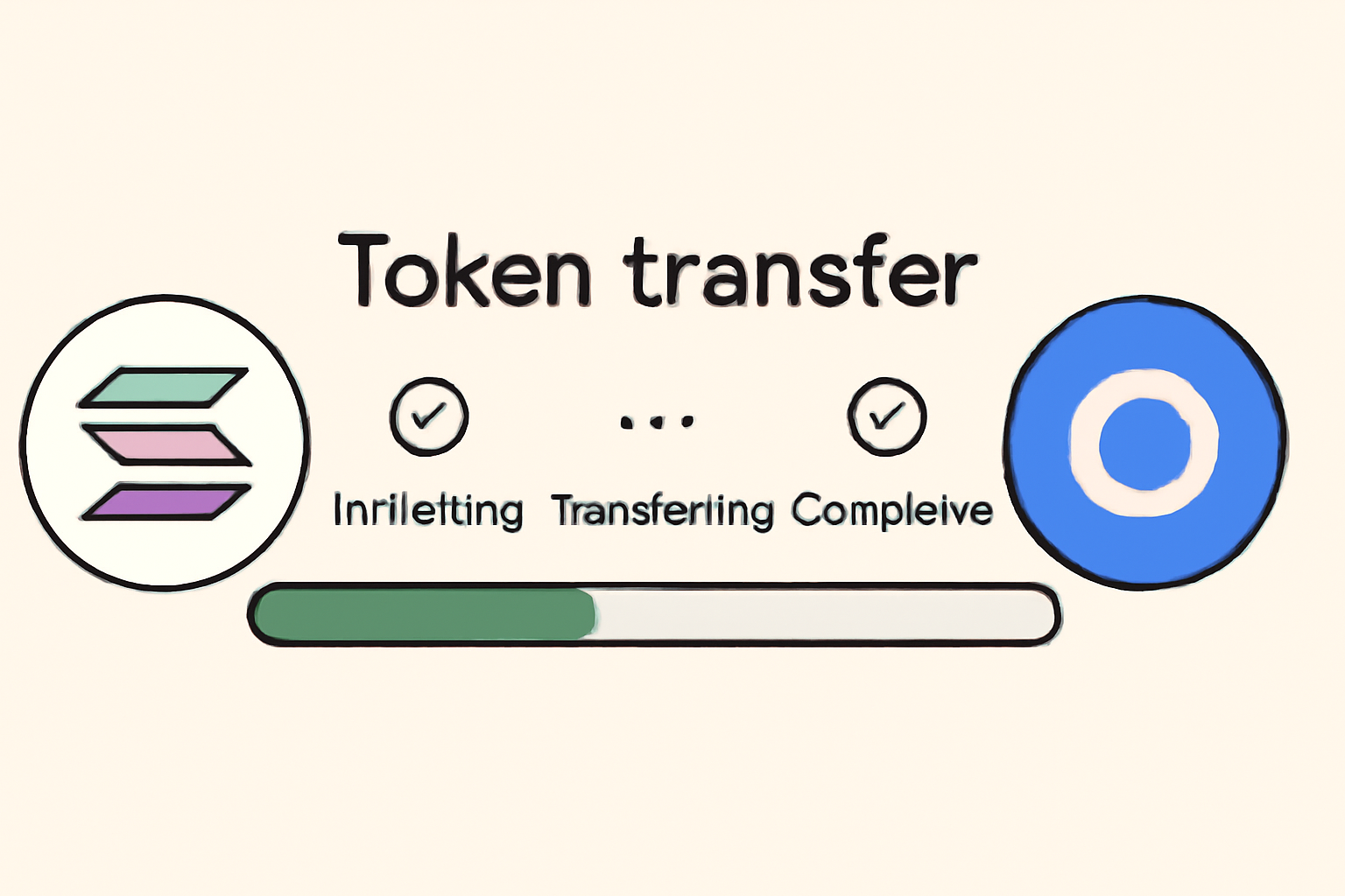 A progress bar showing a token transfer from Solana to Base, with animated status updates and confirmation checkmarks