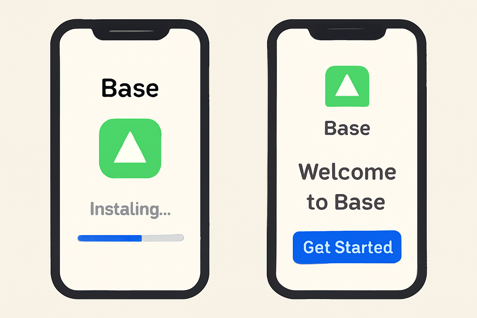 A phone screen showing the Base App installation progress, then the app's welcome screen after launch.