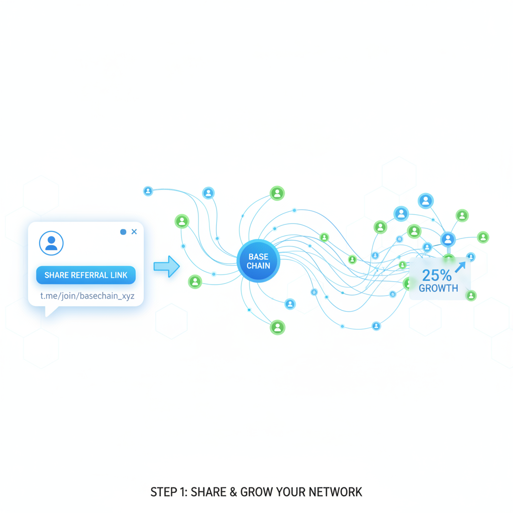 user sharing referral link in chat, network growth graph, base chain nodes connecting