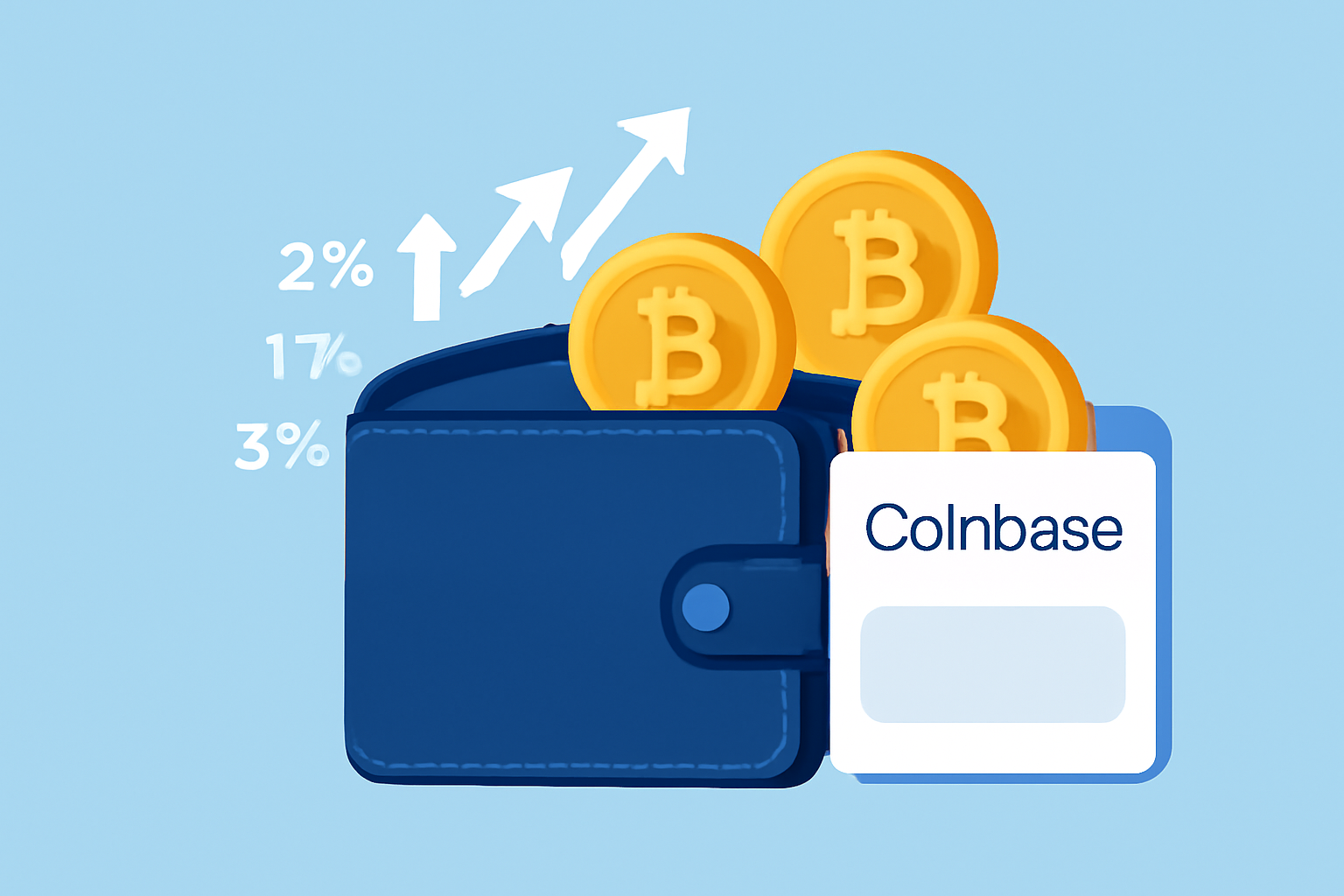 A digital wallet showing increasing bitcoin rewards percentages, golden bitcoin coins, Coinbase interface