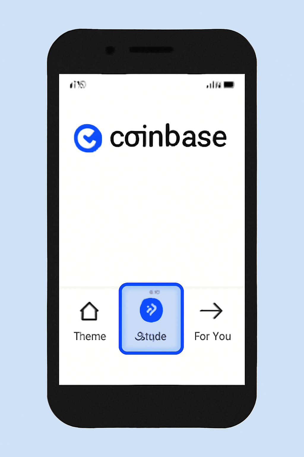 A smartphone screen showing the Coinbase app's main navigation with the 'Trade' button highlighted.