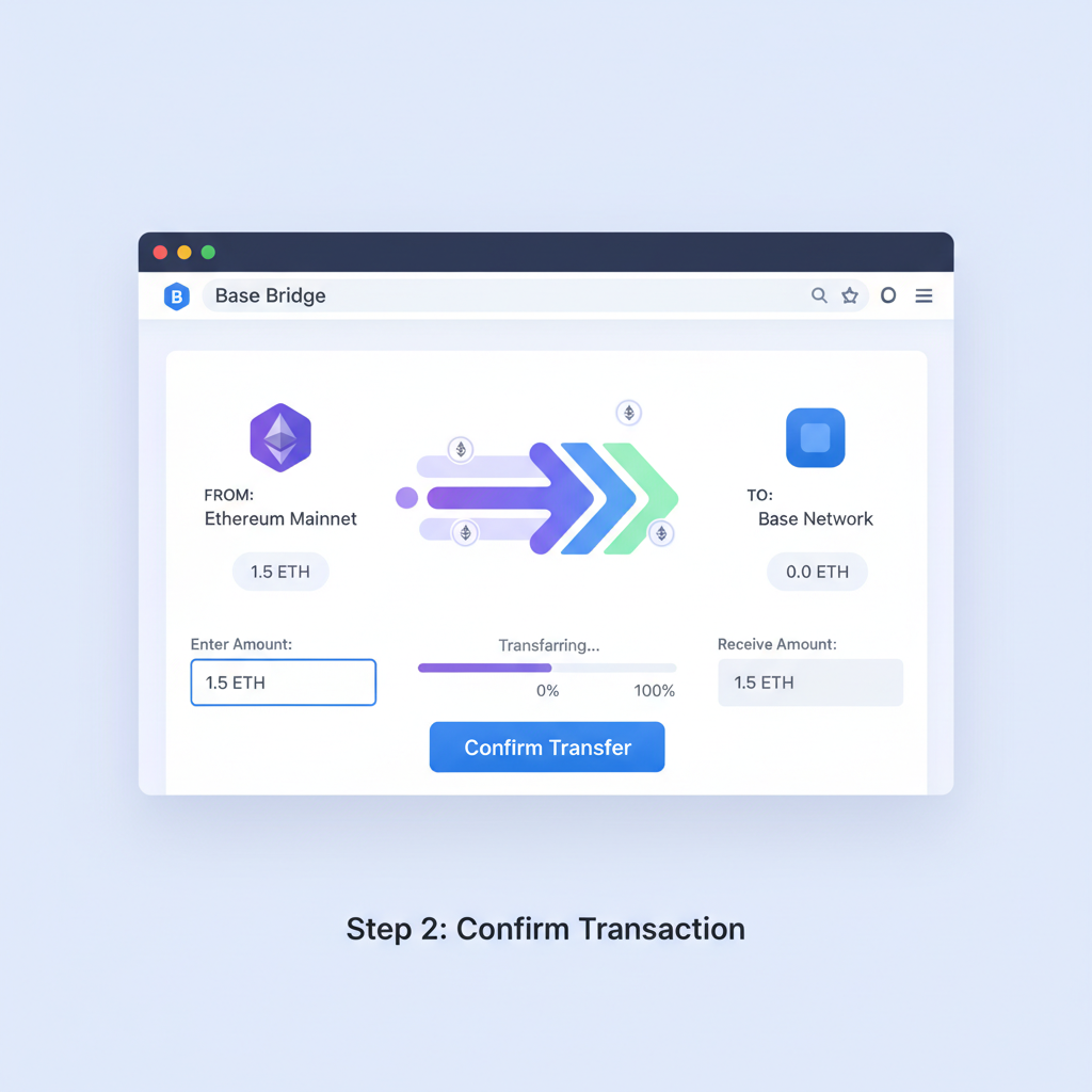Base bridge website interface showing ETH transfer to Base chain animation
