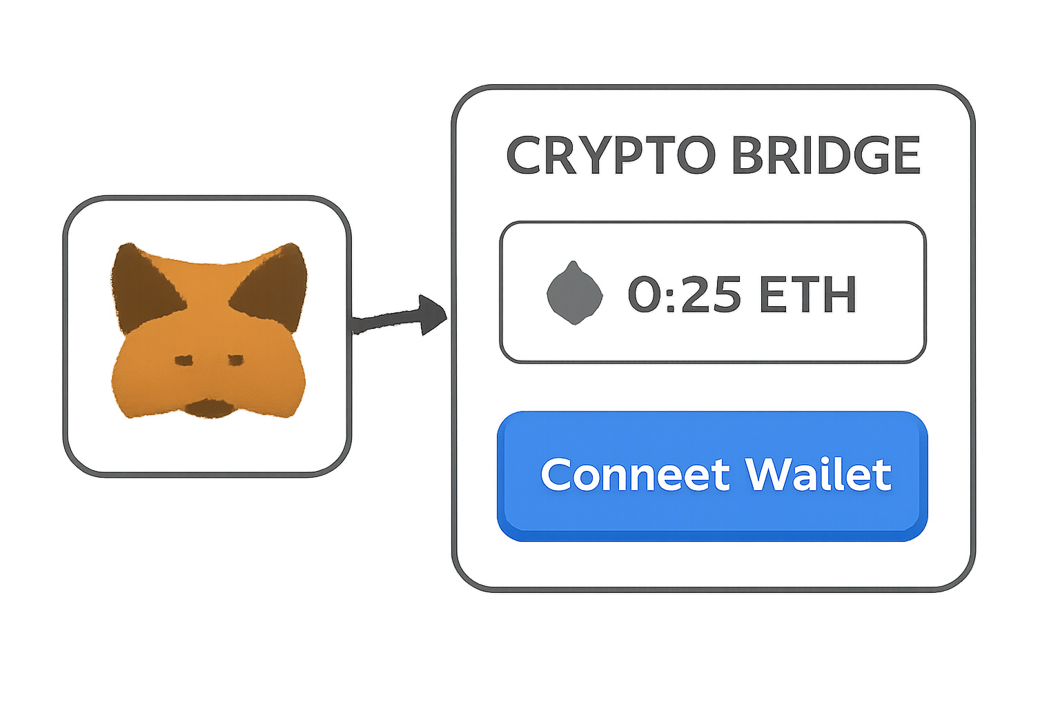 A digital wallet (MetaMask fox icon) connecting to a crypto bridge interface, showing ETH balance and a 'Connect Wallet' button.