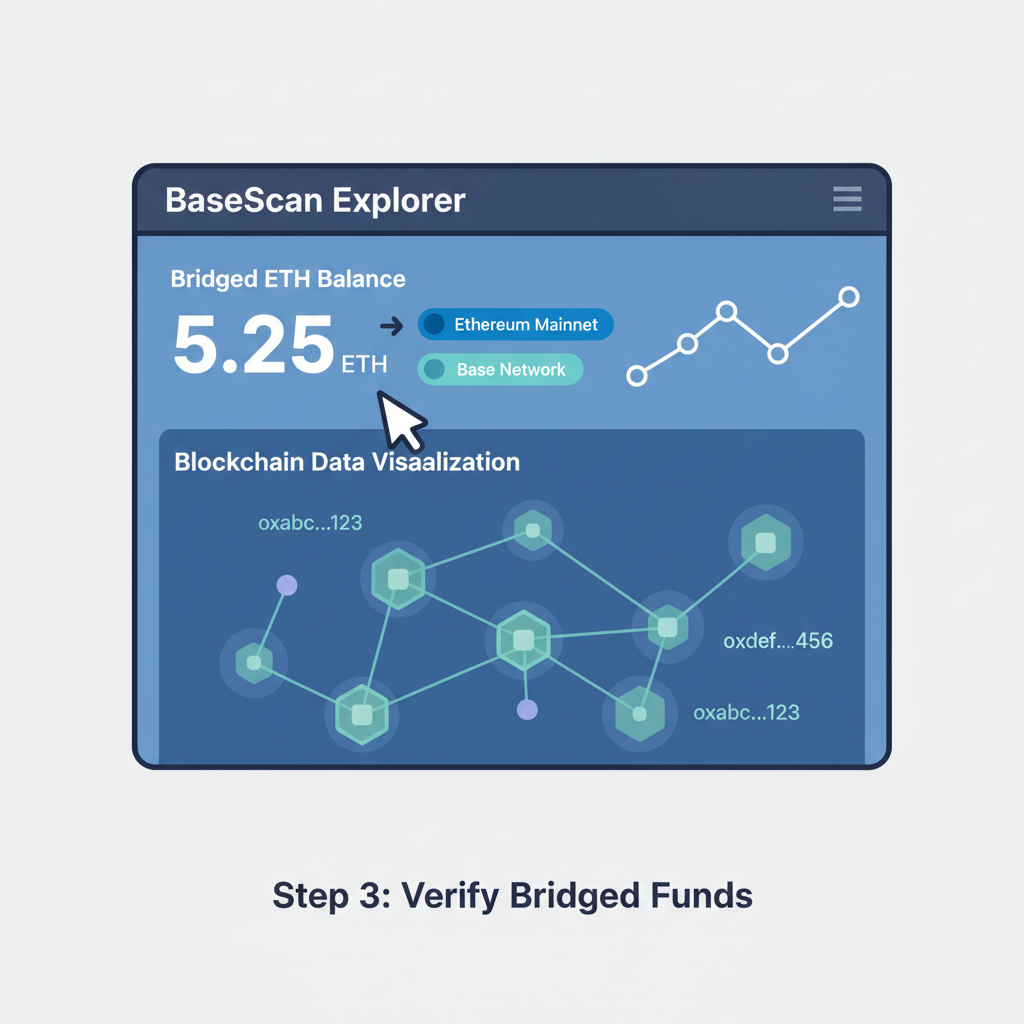 BaseScan explorer showing bridged ETH balance, blockchain data viz