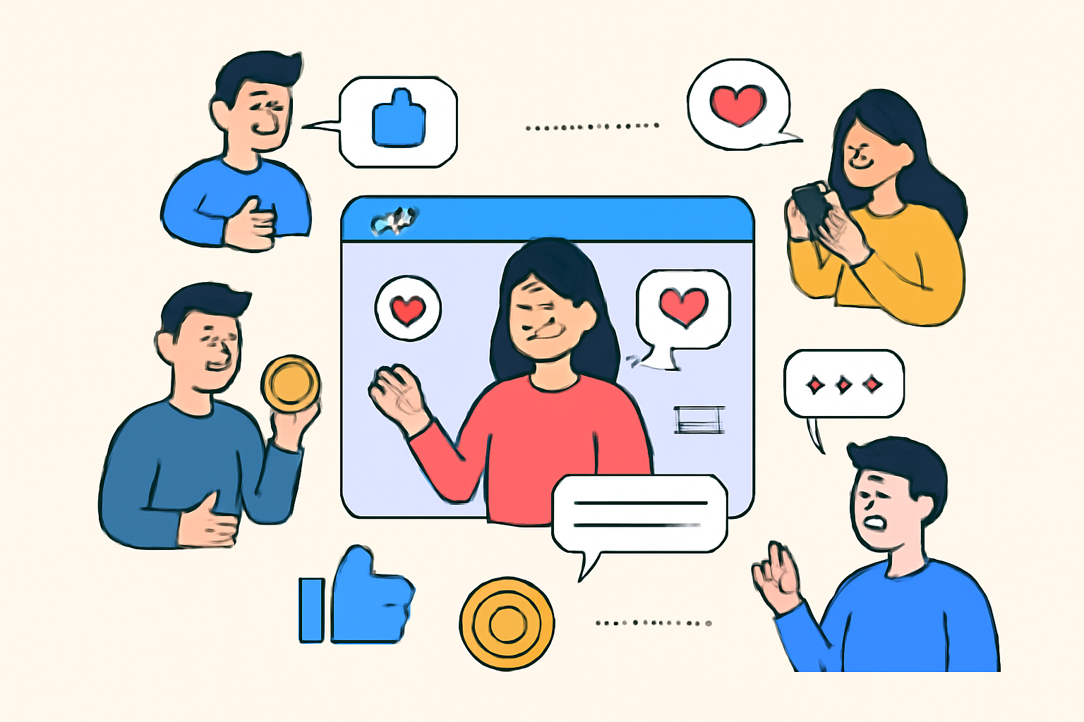 A lively online community with creators exchanging comments, likes, and digital tokens