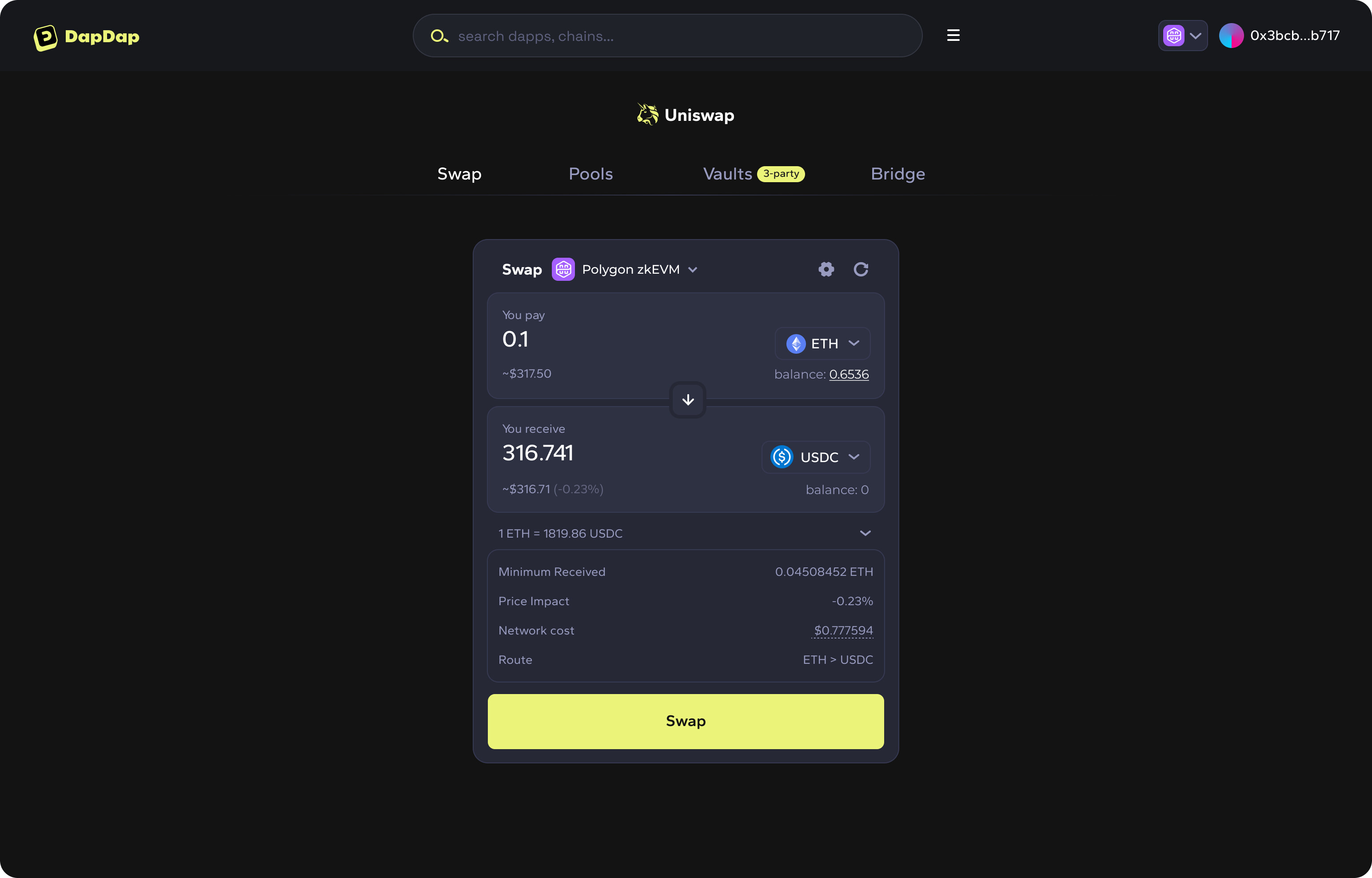 Uniswap interface trading USDC on Base