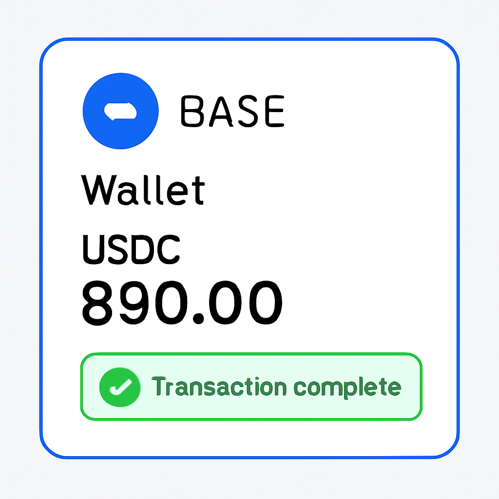 A wallet interface on the Base network showing the updated USDC balance and a confirmation message.