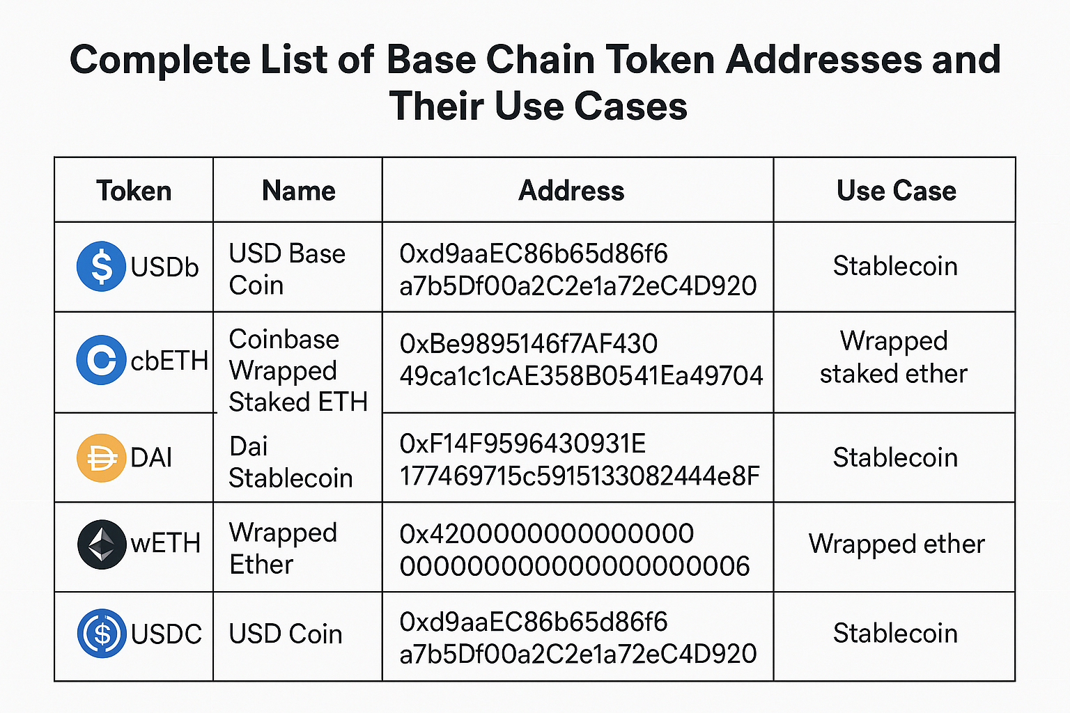 Complete List of Base Chain Token Addresses and Their Use Cases