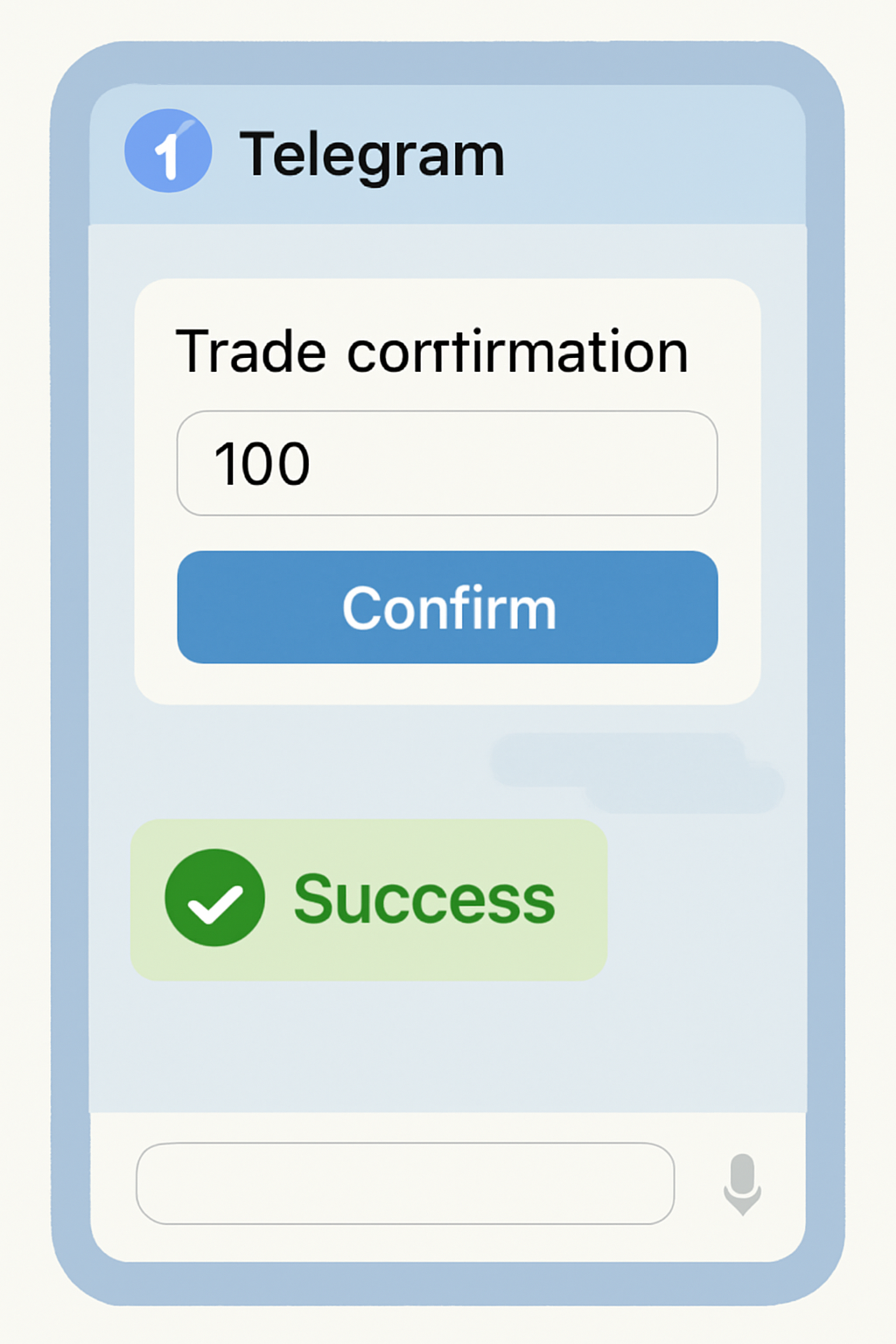 A Telegram chat showing a trade confirmation screen, with options to set trade amount and a 'Confirm' button, plus a success notification.