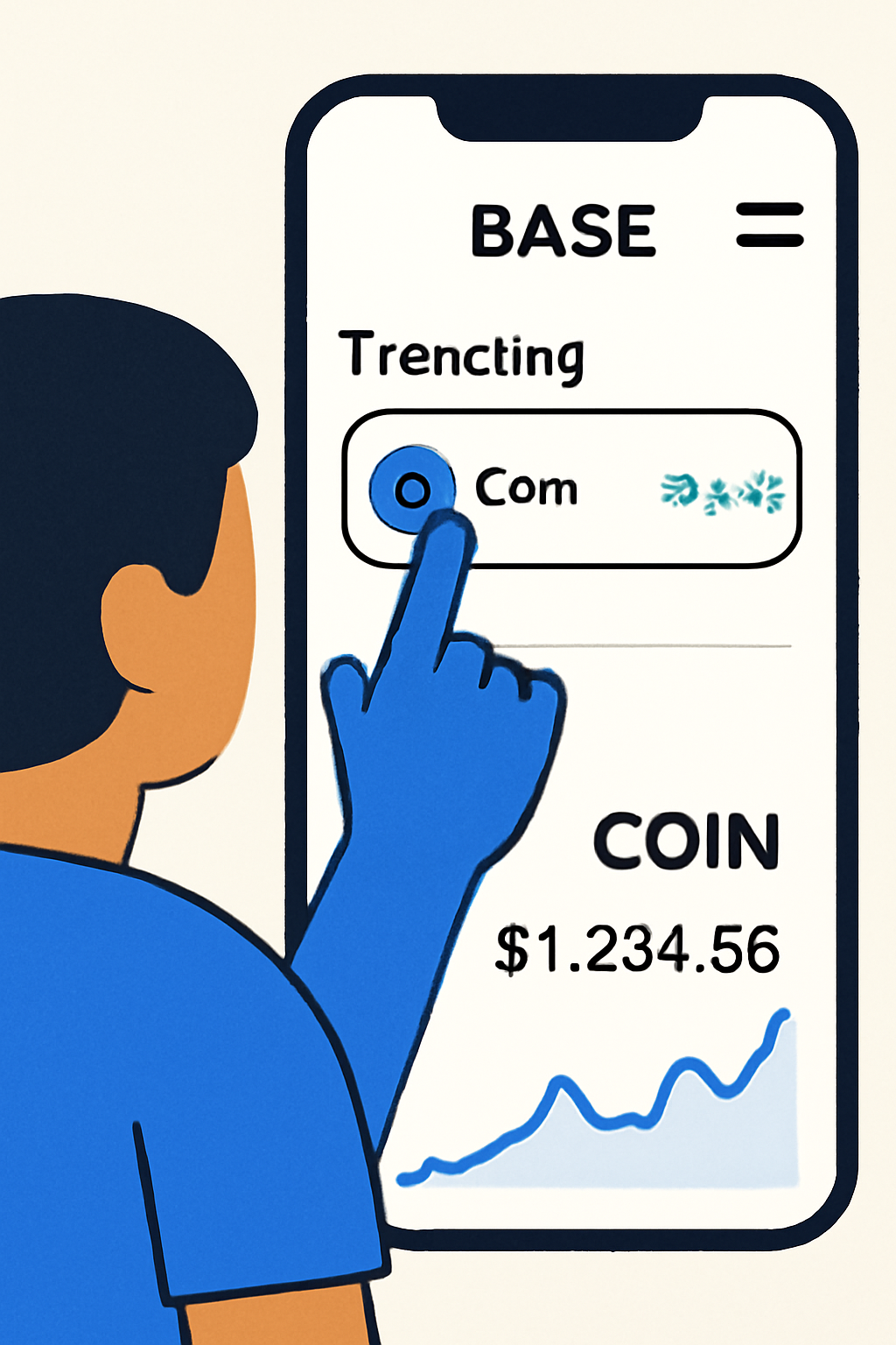 A user tapping on a trending coin in the Base App, with price and chart details displayed prominently.