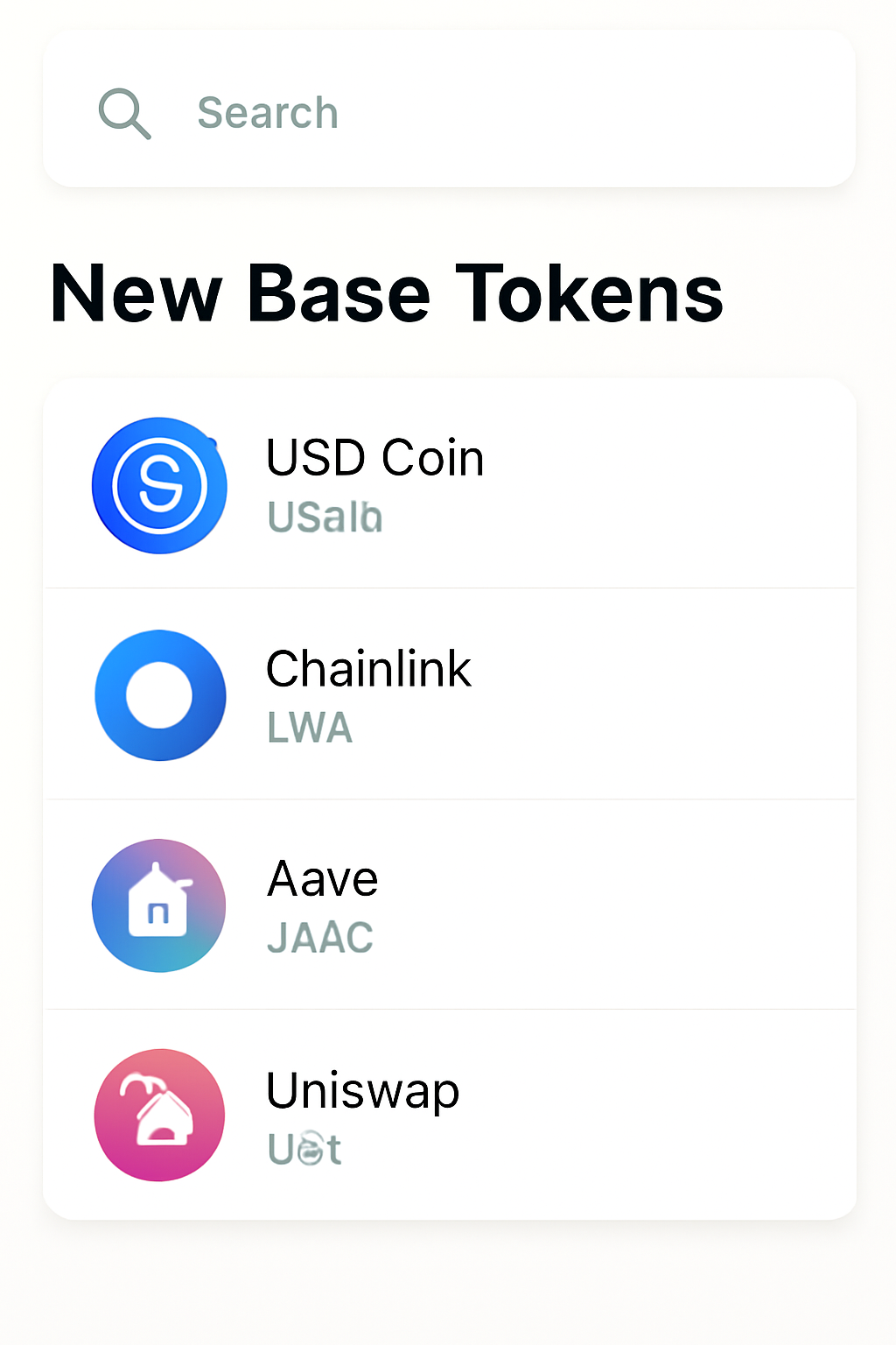 A mobile app interface with a search bar and a list of new Base tokens, one token highlighted, clean and simple design.