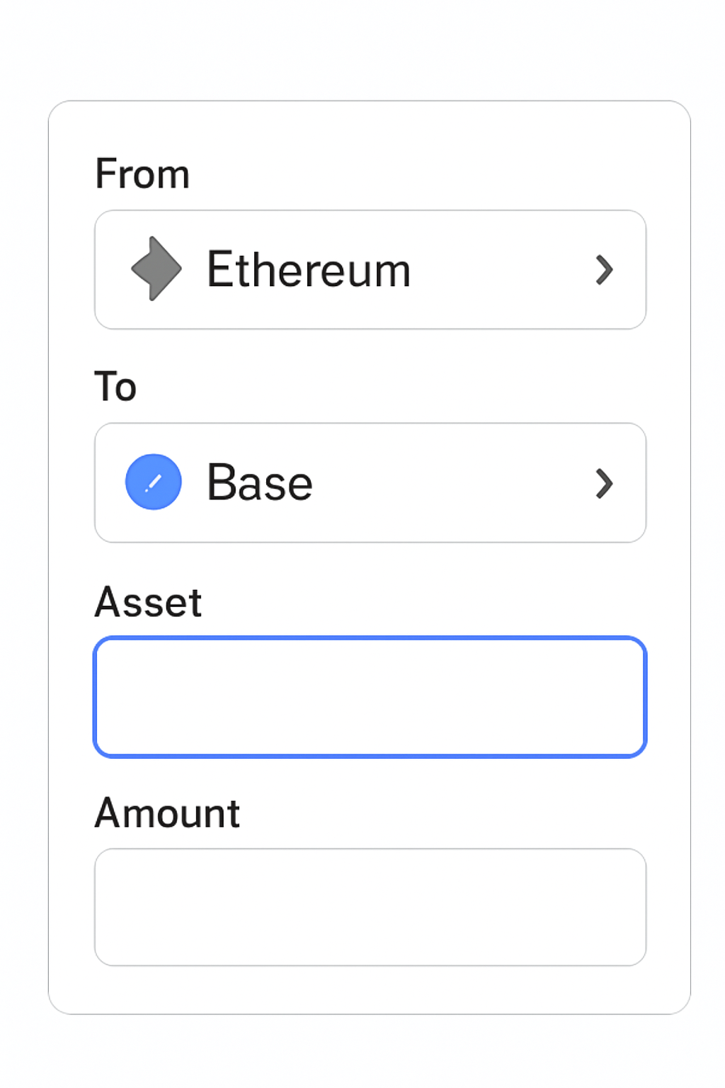 A user interface with dropdown menus for 'From' (Ethereum) and 'To' (Base), asset selection, and amount input fields highlighted.