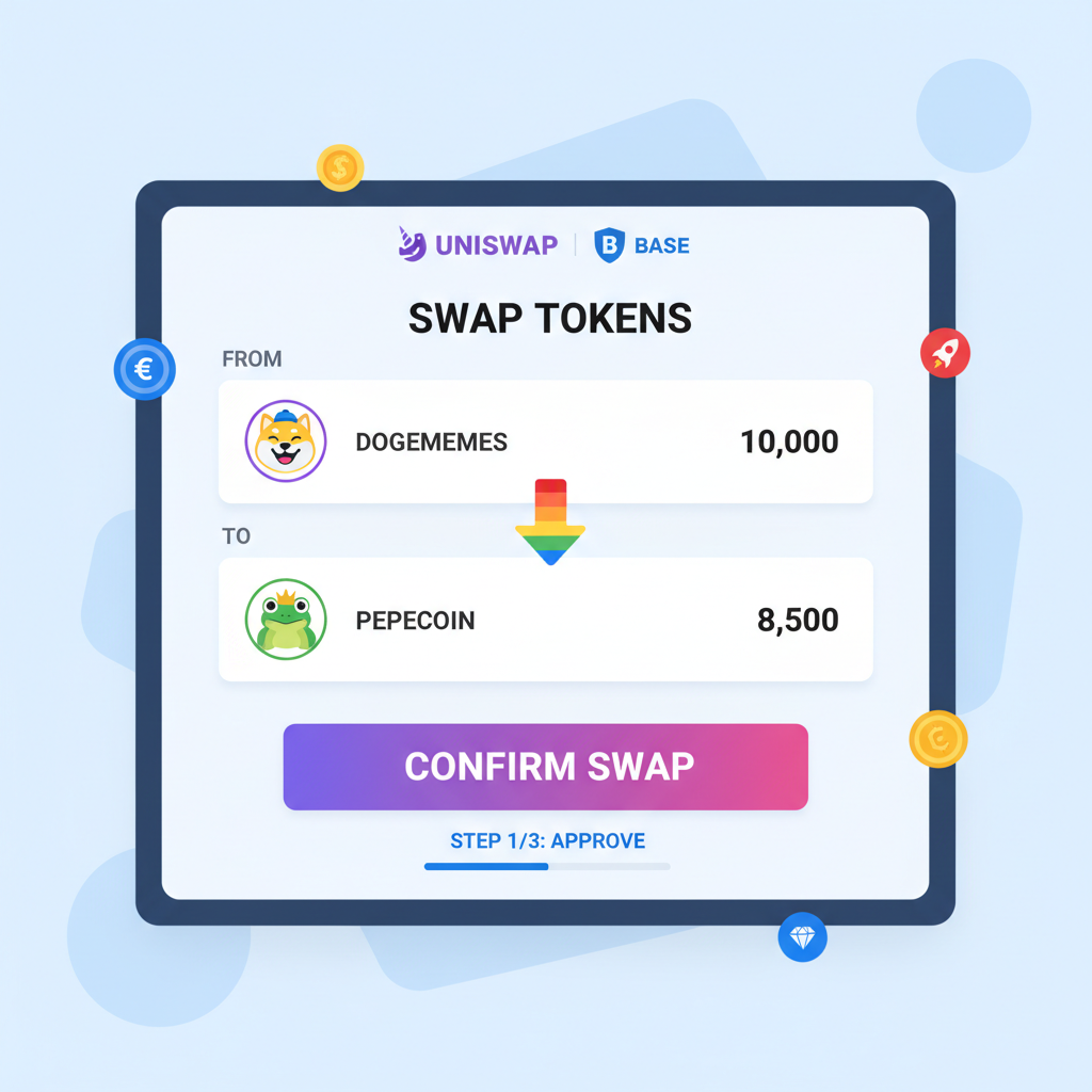 Uniswap on Base swapping memecoin, colorful token icons