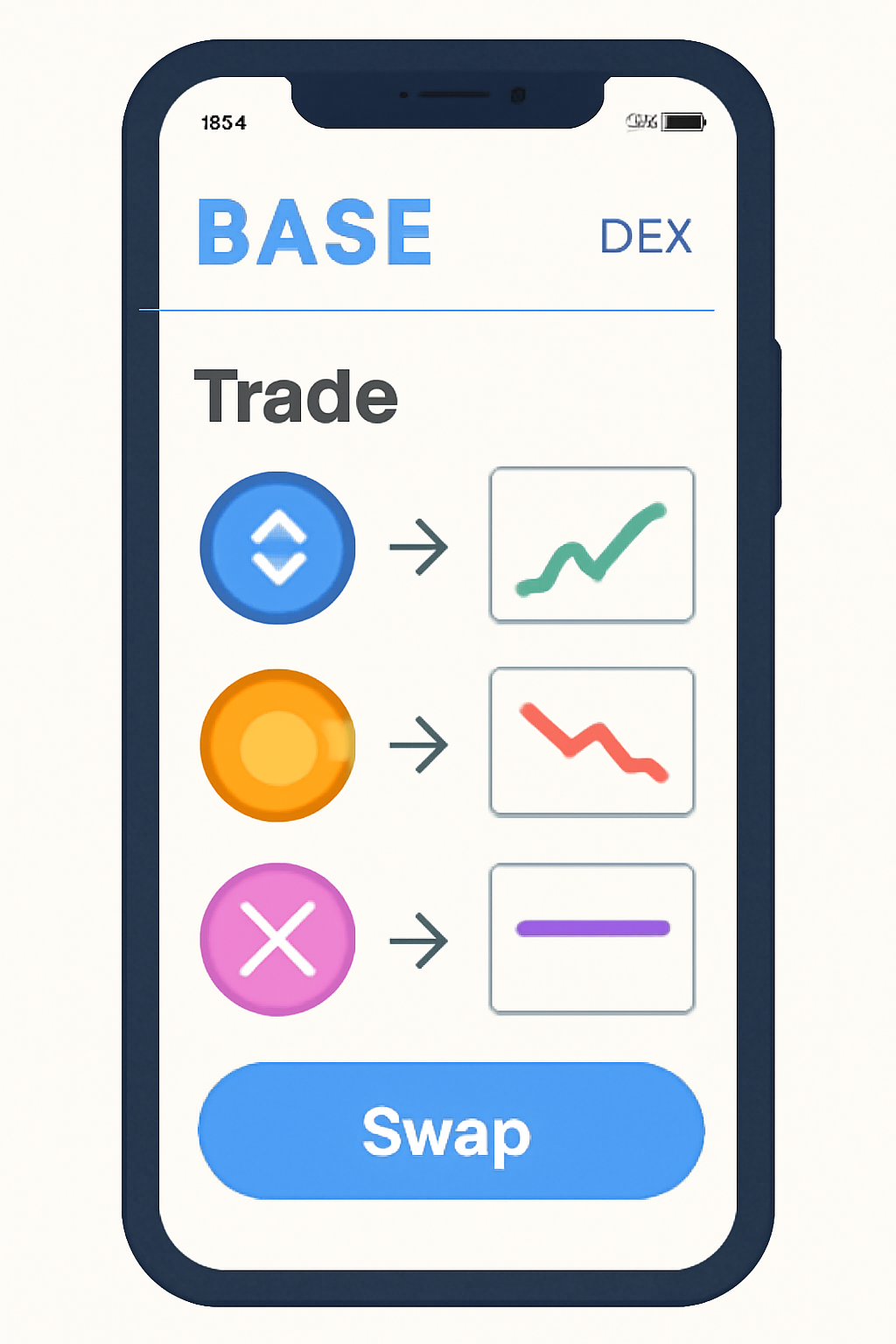 A smartphone screen showing the Base App open on the trading/DEX section, with colorful coin icons and charts visible.