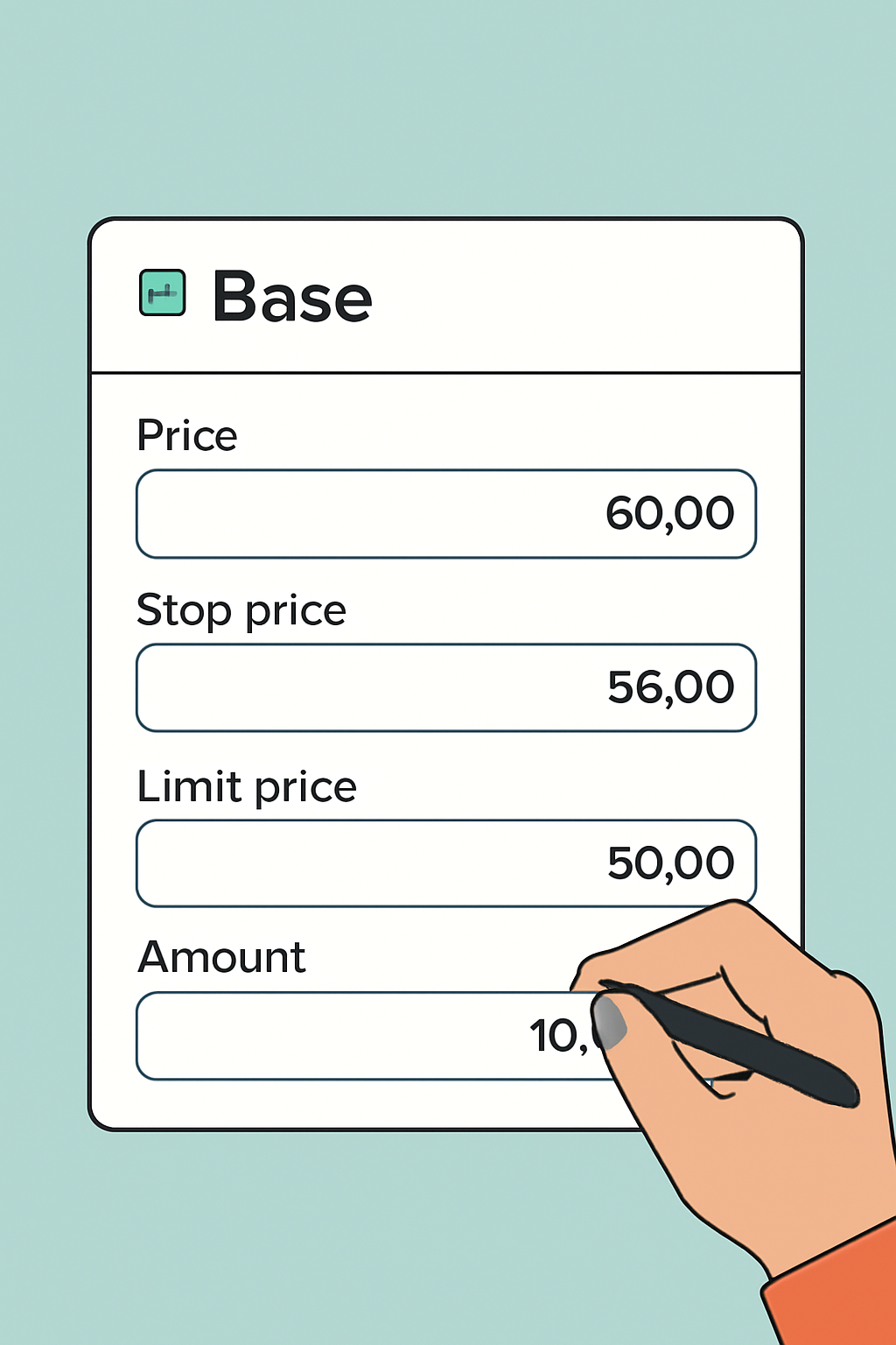 A form in the Base App with fields for price, stop price, limit price, and amount, being filled out by a user.