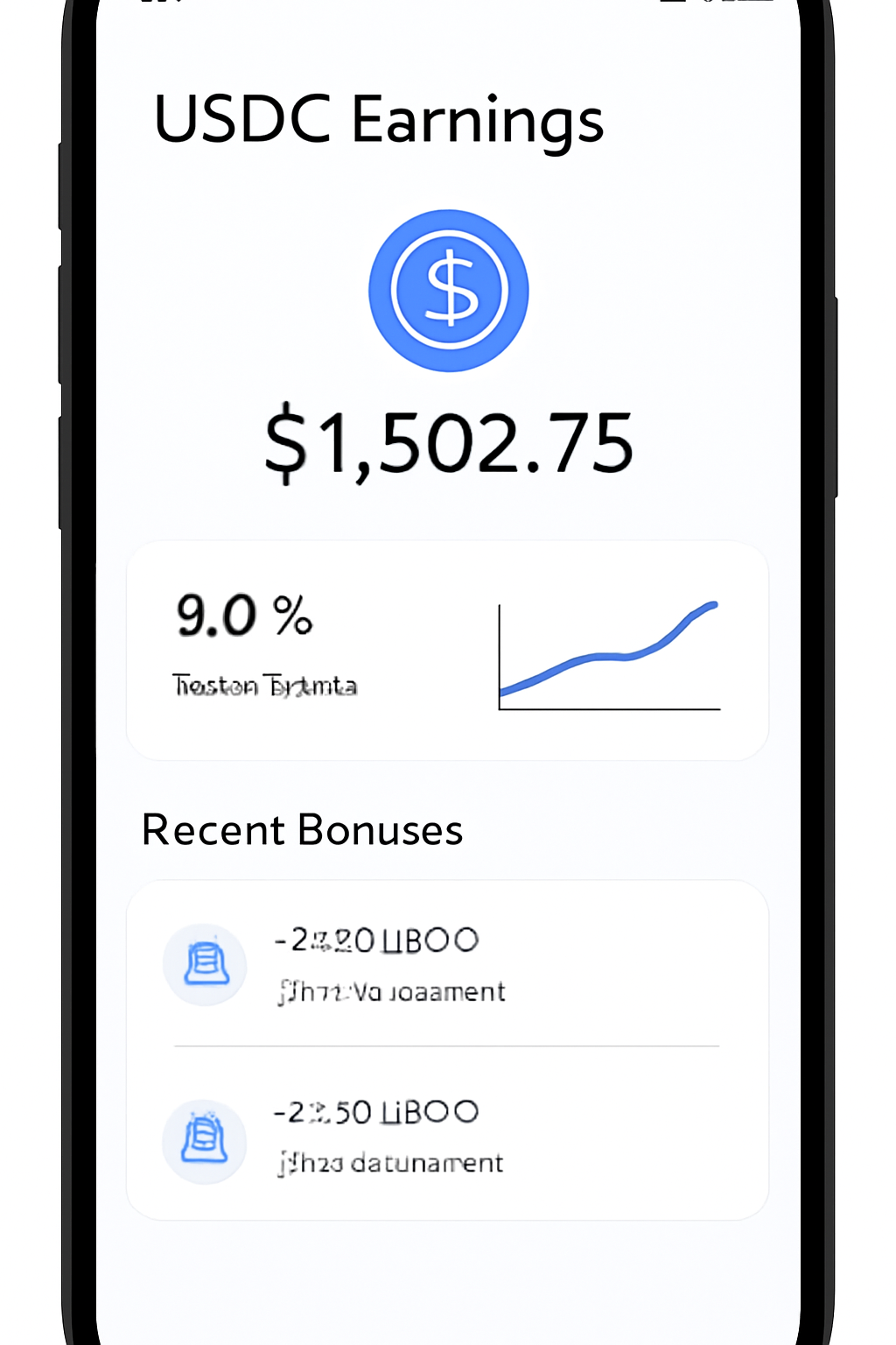 A mobile screen displaying USDC earnings, interest rate graph, and recent bonus notifications, clean and modern style