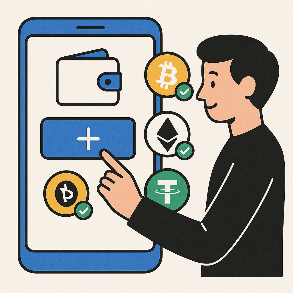 A user adding multiple tokens to a crypto wallet, each with a verified checkmark.
