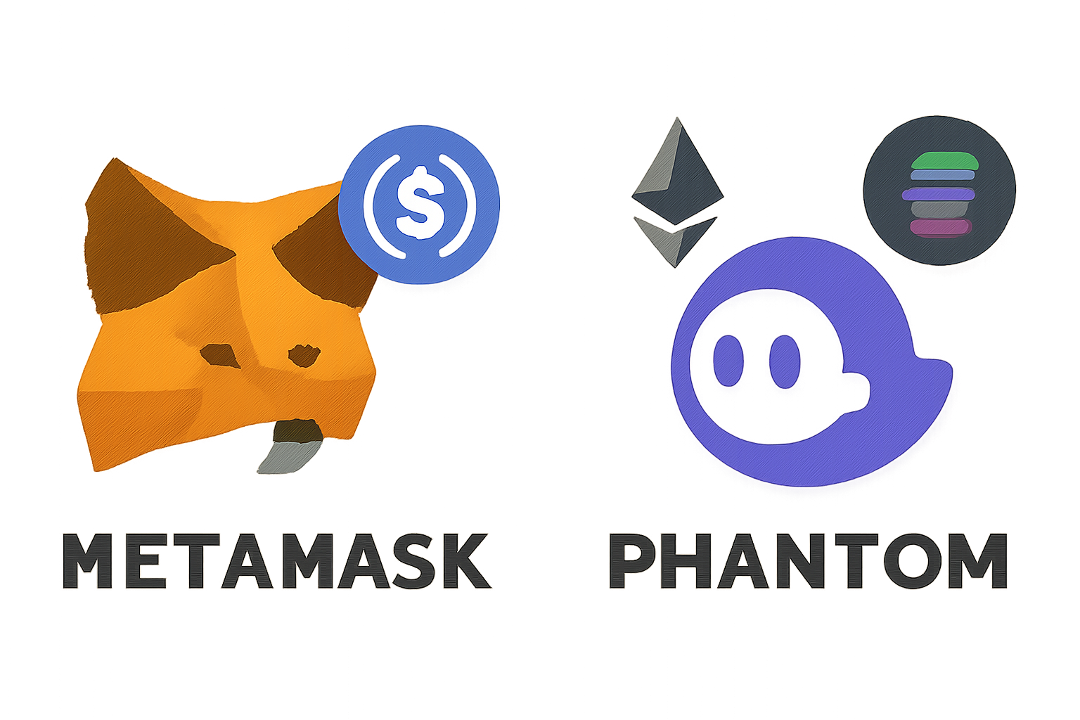 MetaMask and Phantom wallet logos, with USDC and network coins (ETH, SOL) beside them.