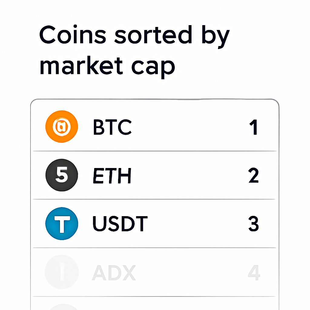 A digital interface showing a list of coins sorted by market cap, with the top coins highlighted and smaller ones faded out.