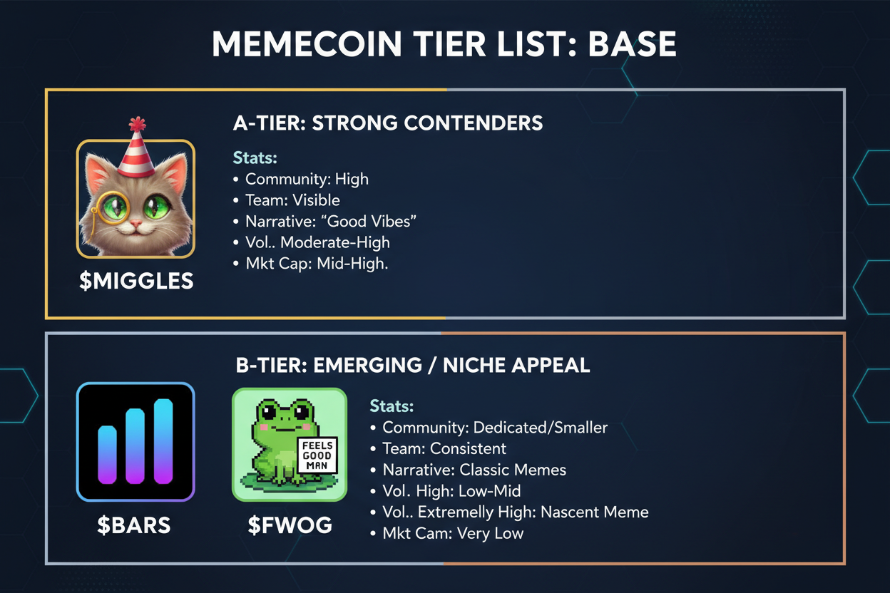 C-tier Base memecoins tier list graphic featuring MIGGLES FWOG BARS logos market stats Base chain 2026