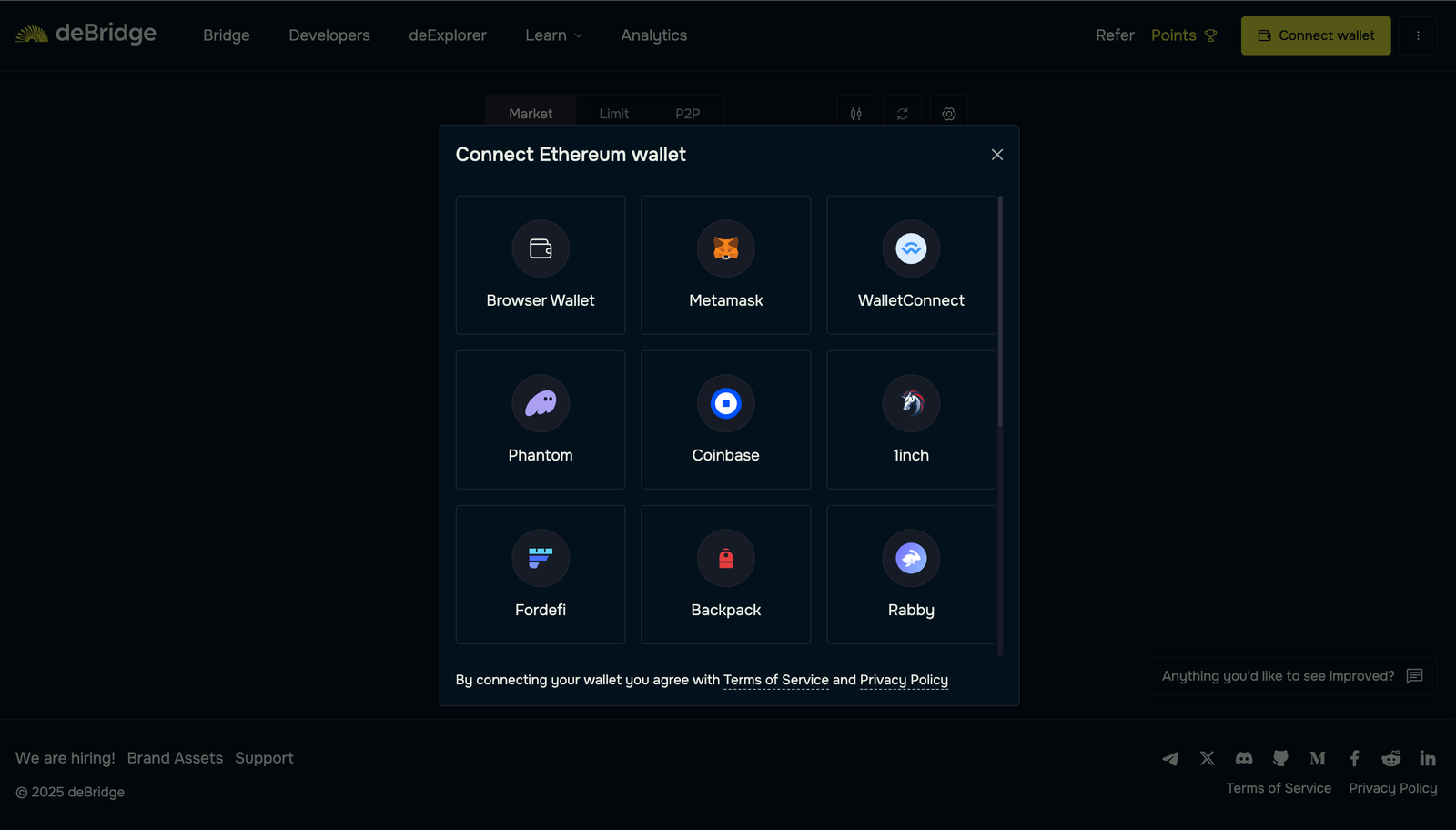 Symbiosis bridge app wallet connection screenshot