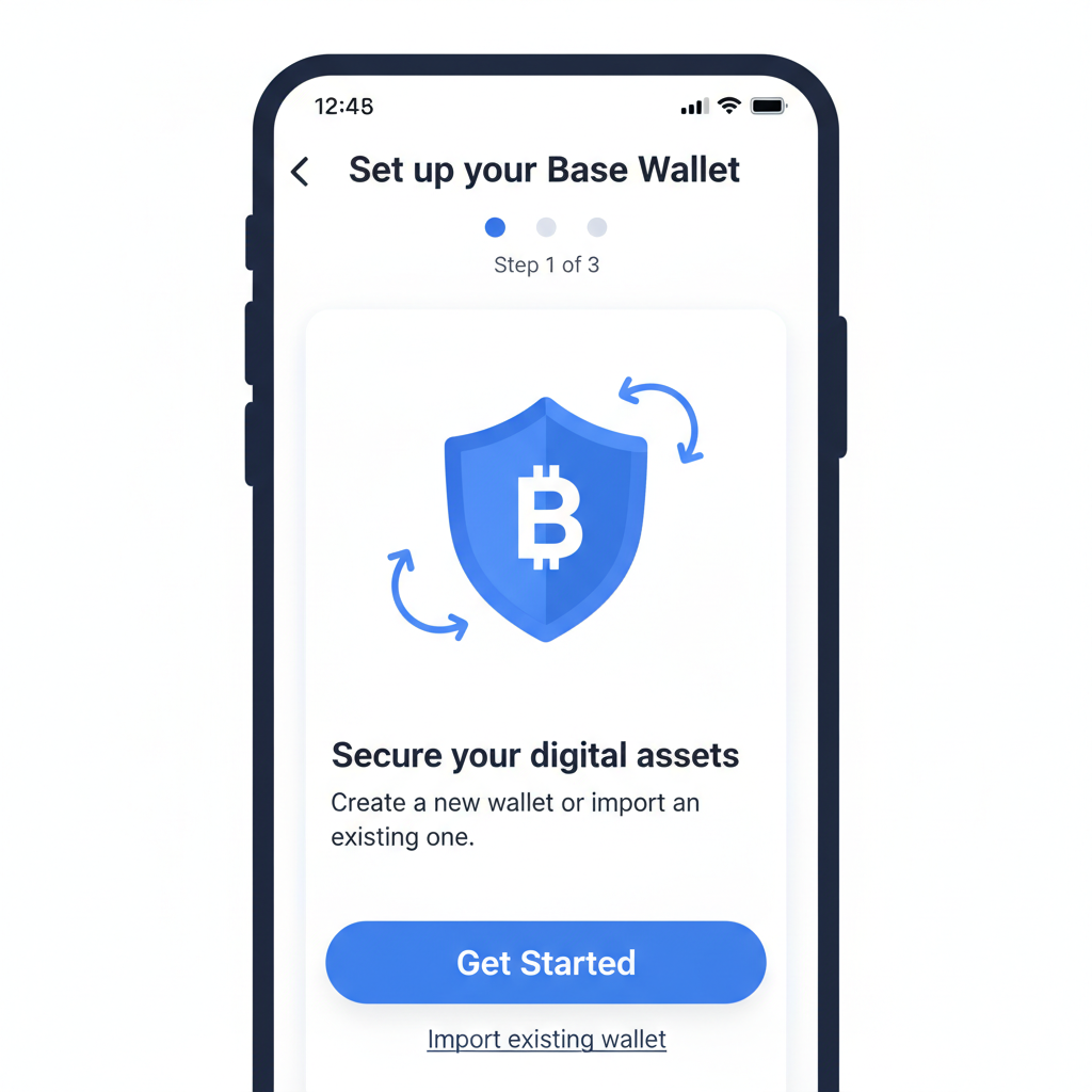 clean screenshot of setting up Base wallet app on mobile, simple interface, blue theme, step-by-step onboarding