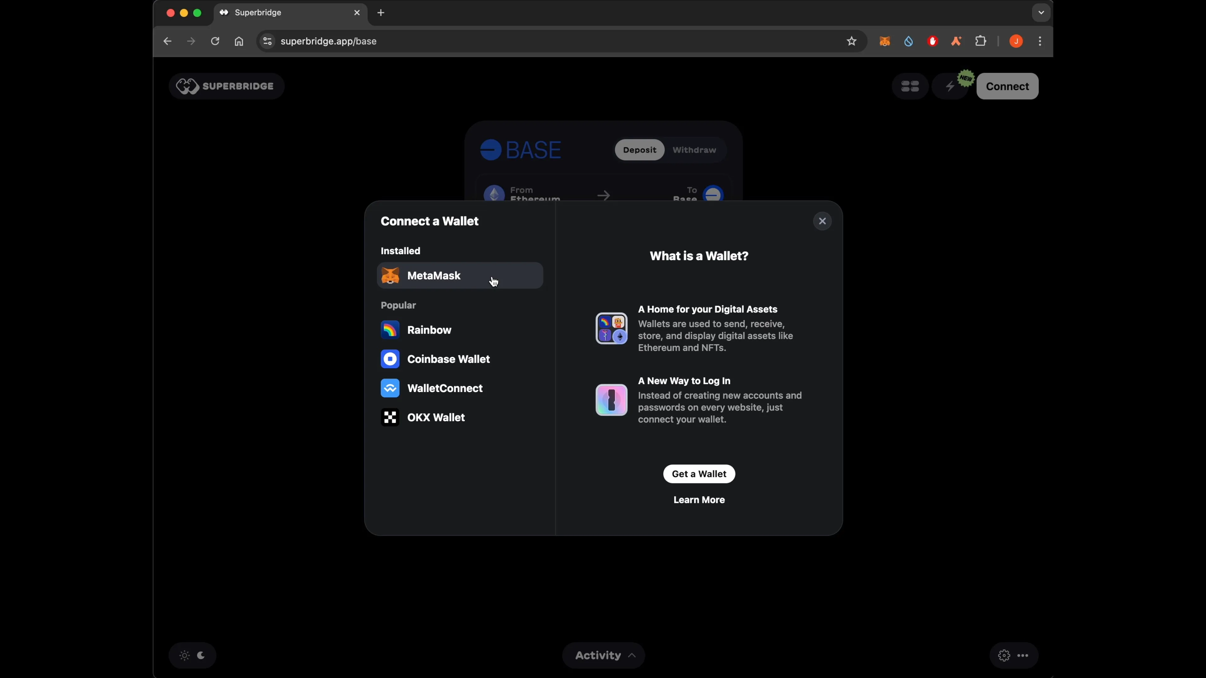 Superbridge app ETH to Base interface