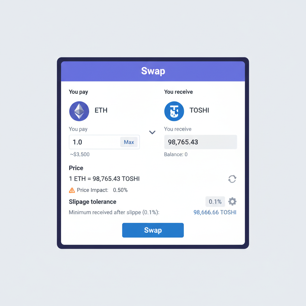 Uniswap swap screen ETH to TOSHI, price impact and slippage settings