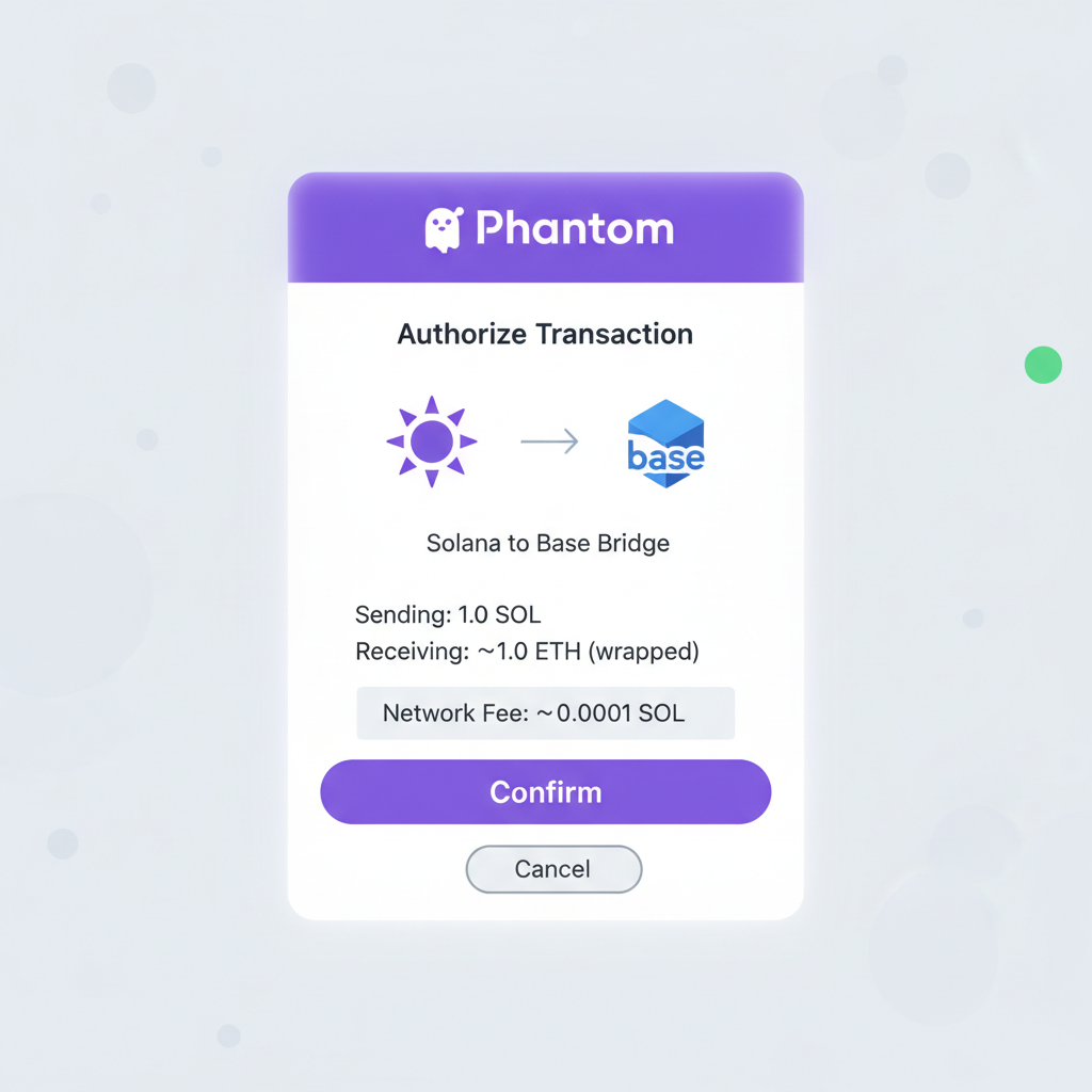 Phantom wallet transaction signing popup for Solana to Base bridge