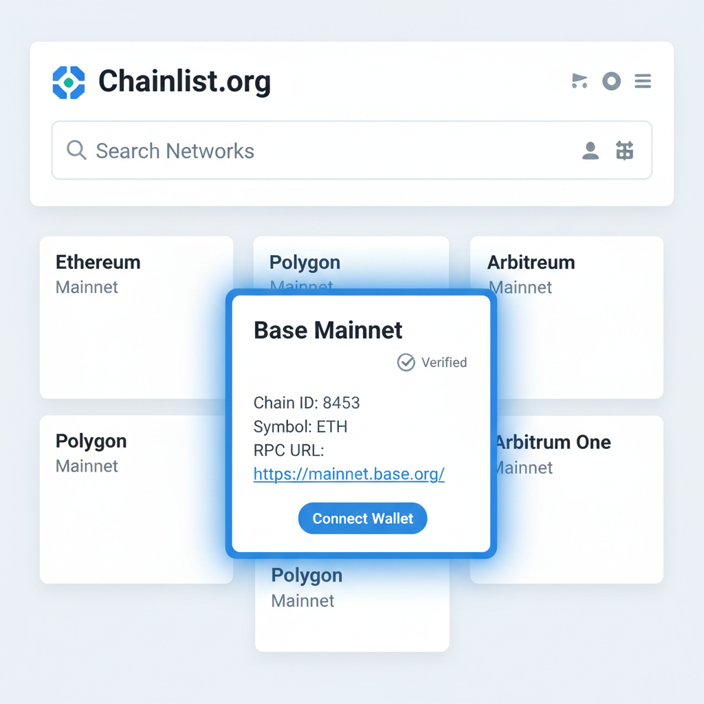 Chainlist.org search results highlighting Base Mainnet card with network details, verified badge, simple interface
