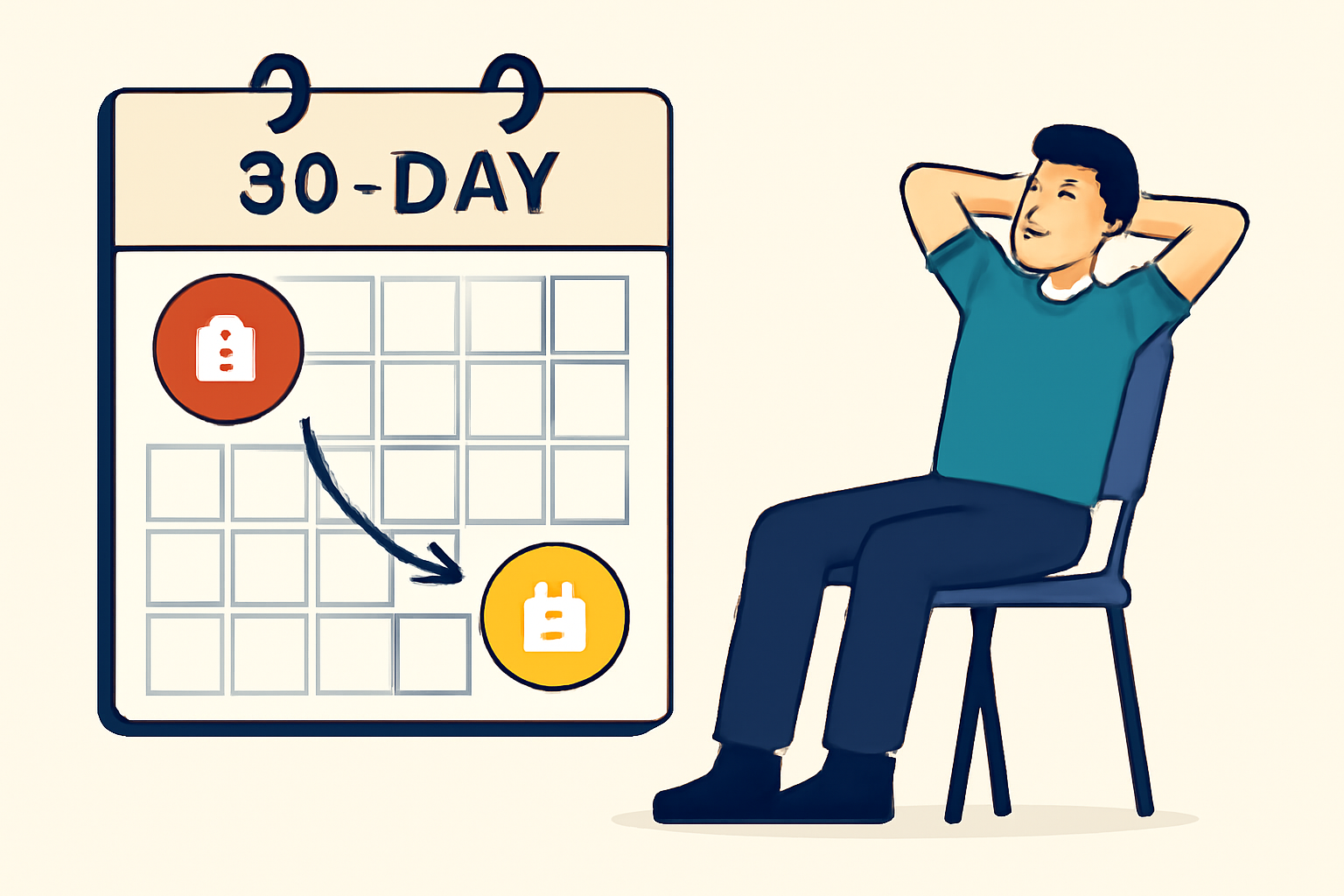 A calendar with a 30-day countdown, tokens moving from a locked to an unlocked state, and a relaxed user waiting patiently.