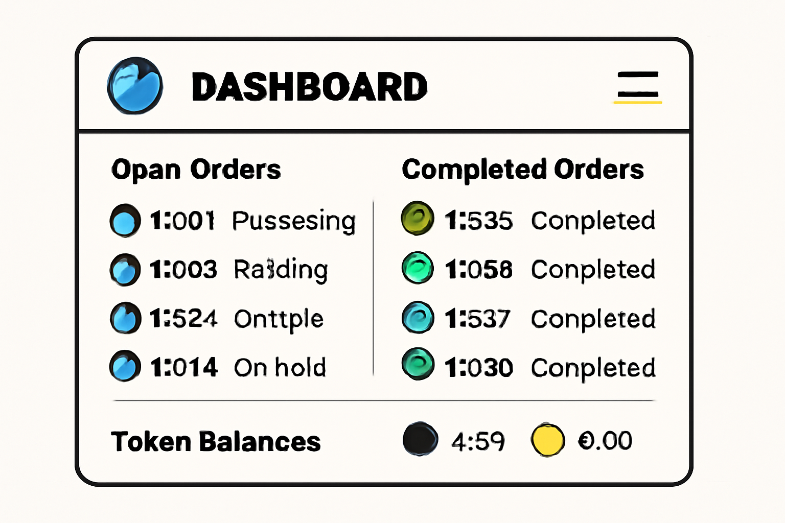 A dashboard in the Base App showing open and completed orders with status icons and token balances.