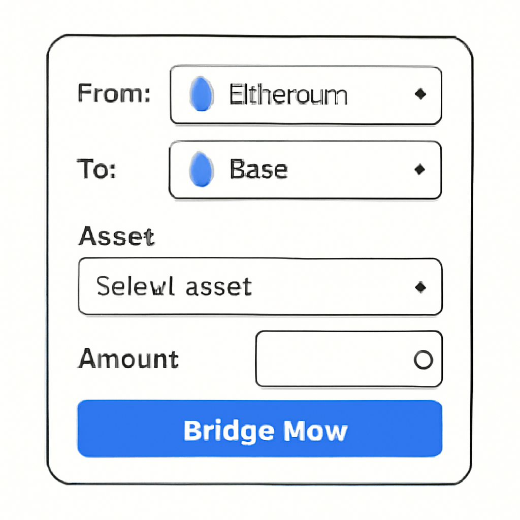 A user interface with dropdowns for 'From: Ethereum' and 'To: Base', asset selection, amount input, and a highlighted 'Bridge Now' button.